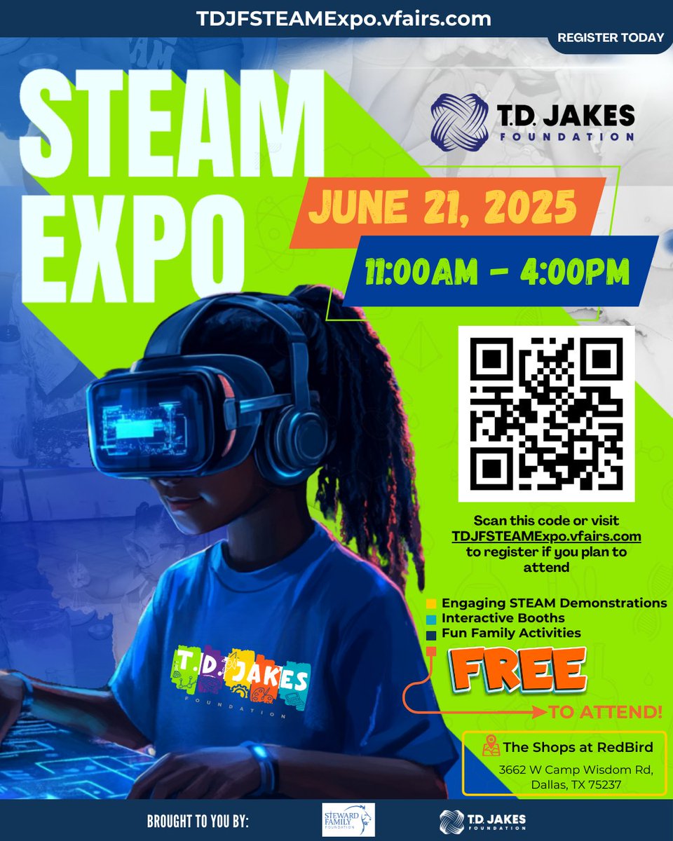 Looking for a fun, FREE, and educational way to spend the day? 
The STEAM Expo is happening Saturday, June 21 from 11 AM – 4 PM at The Shops at RedBird in Dallas. Register now at TDJFSTEAMExpo.vfairs.com

#TDJFSTEAMExpo #FamilyFun #STEMForKids #DallasEvents #Juneteenth