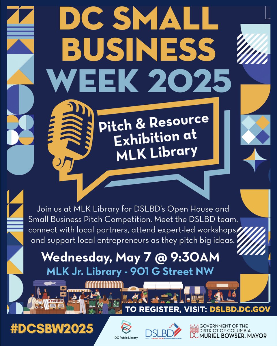 GWHCC's tweet image. 🚀 Celebrate #DCSmallBizWeek with @SmallBizDC!

Join us May 9 at the MLK Library for live pitches, expert advice, biz resources &amp;amp; more.

🎤 Pitch Comp
🤝 Networking
📈 Growth tools

Free to attend! 🎟️ 👉 eventbrite.com/e/dc-small-bus…

#BeDowntown #SmallBizDC #Entrepreneurs