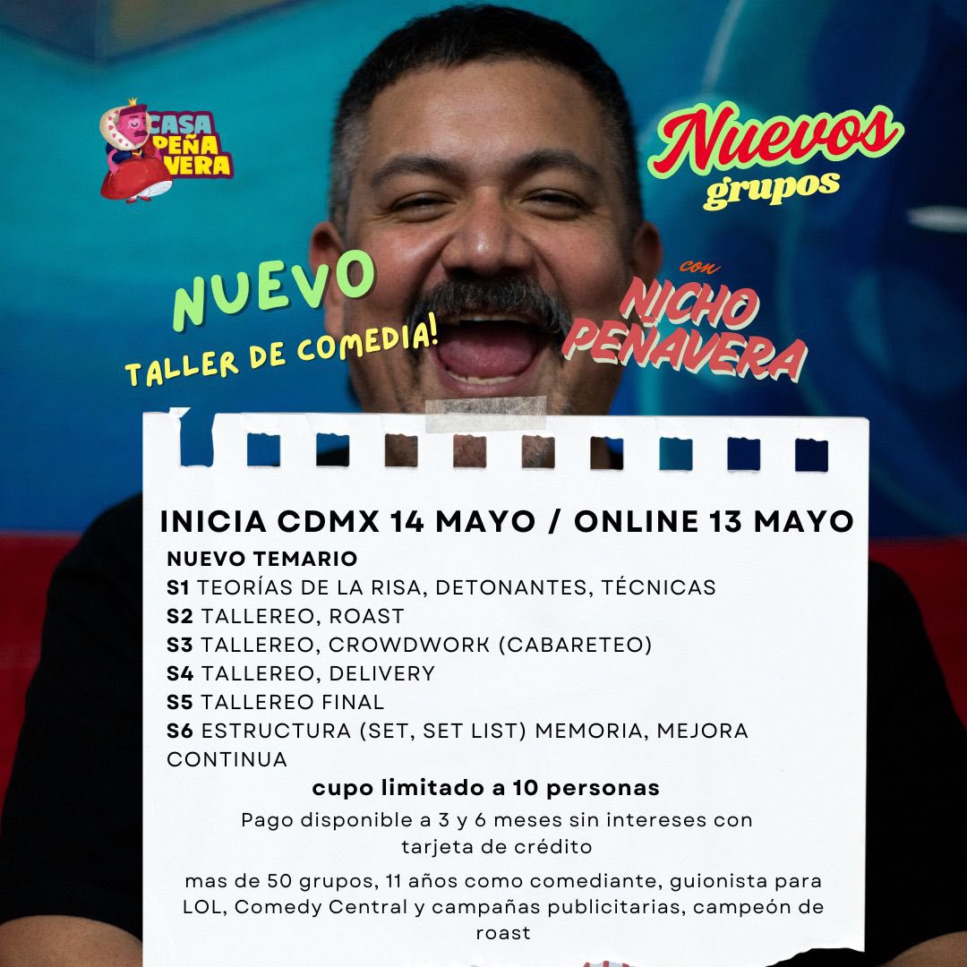 ¿Quieren hacer standup? No solo es ser chistoso y ya. Hay una estructura y muchas cosas por aprender.
Este curso es de los más completos que hay y de la mano de uno de los mejores <a href="/DijoNicho/">Nicho PeñaVera</a> 
Hoy es el momento para iniciar y probar tus dotes de comedia.
Aquí informes:
