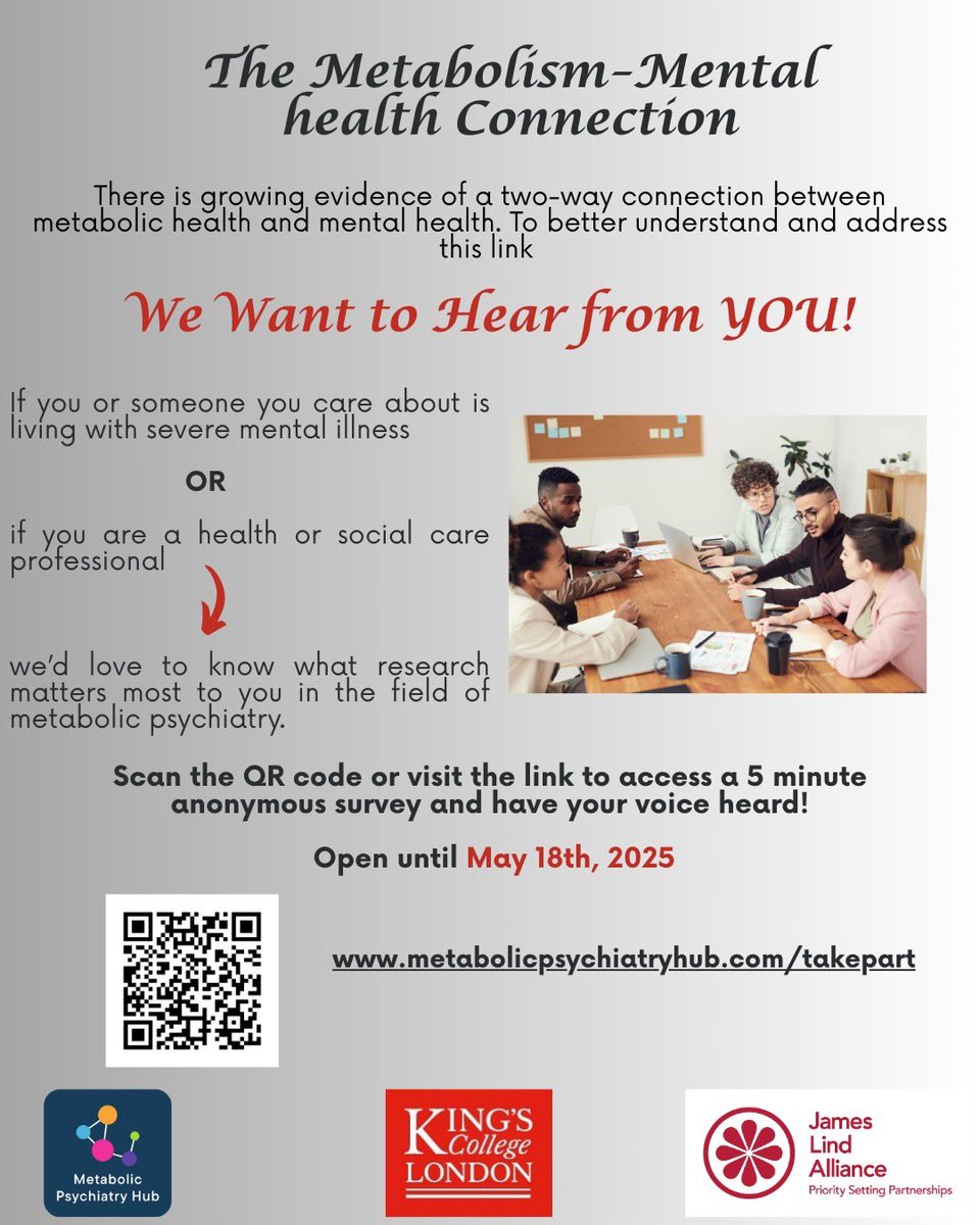 Iain Campbell, Ph.D. (@iaincampbellphd) on Twitter photo 🚨🚨Important Request🚨🚨
In the <a href="/HubMetPsych/">Hub for Metabolic Psychiatry</a> we are carrying out a survey to determine the priorities for patients, carers and healthcare workers for our future metabolic psychiatry research (investing £4M over the next 5 years).
qualtrics.kcl.ac.uk/jfe/form/SV_3s…
This survey takes 5 🚨🚨Important Request🚨🚨
In the <a href="/HubMetPsych/">Hub for Metabolic Psychiatry</a> we are carrying out a survey to determine the priorities for patients, carers and healthcare workers for our future metabolic psychiatry research (investing £4M over the next 5 years).
qualtrics.kcl.ac.uk/jfe/form/SV_3s…
This survey takes 5