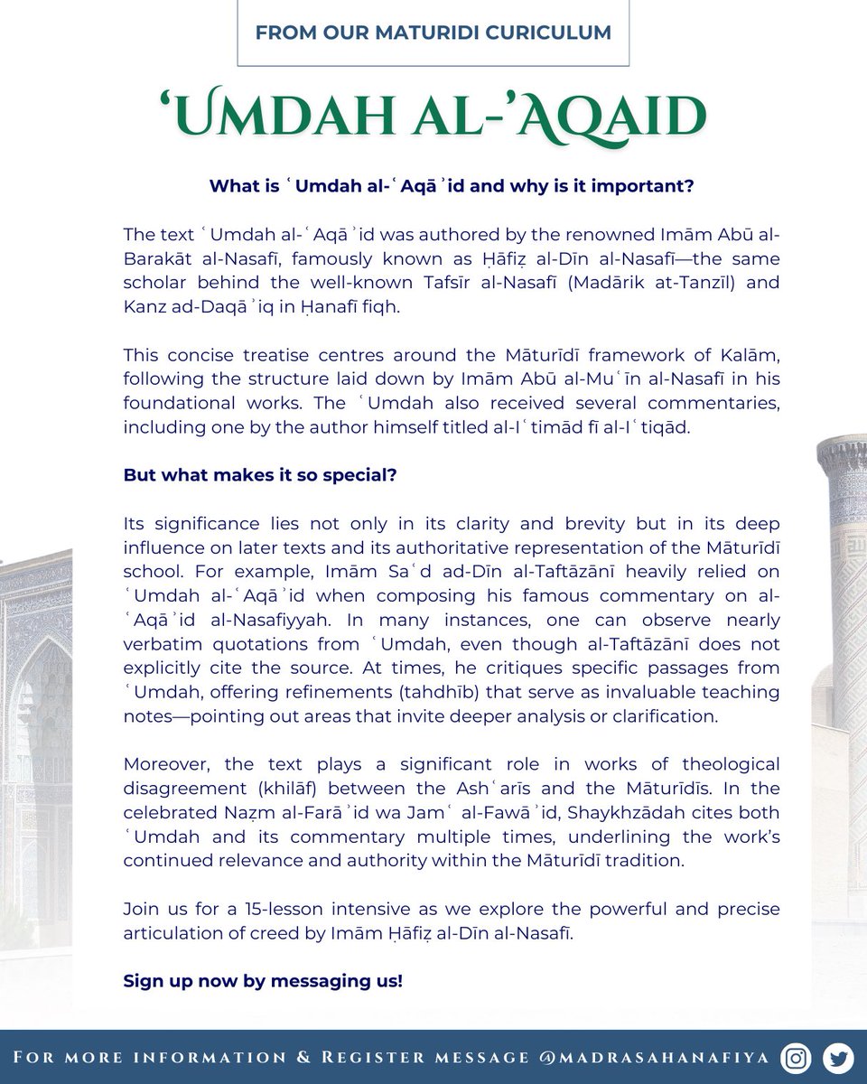 MadrasaHanafiya's tweet image. Importance of Exploring ‘Umdah al-‘Aqaid: A Maturidi Masterclass in Islamic Creed