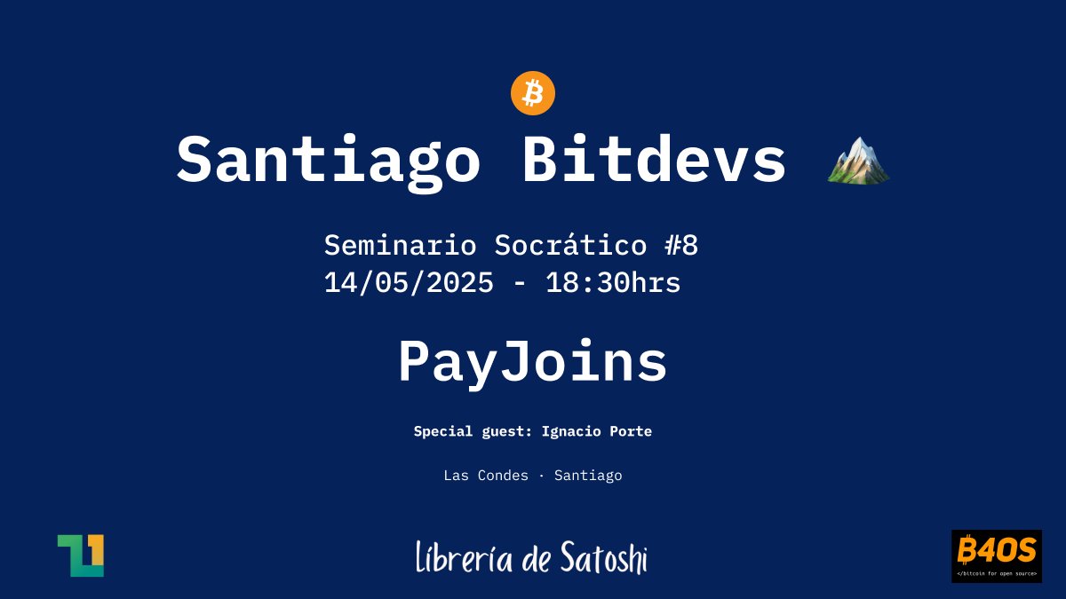 santiagobitdevs's tweet image. Santiago Bitdevs #8 🗻
14/05/2025

Invitado especial Ignacio Porte a presentar de @payjoindevkit 

Guarda la fecha, confirma el Meetup y lee los temas en santiagobitdevs dot com!
Nos vemos 💥

@libdesatoshi 
@Vinteum_org