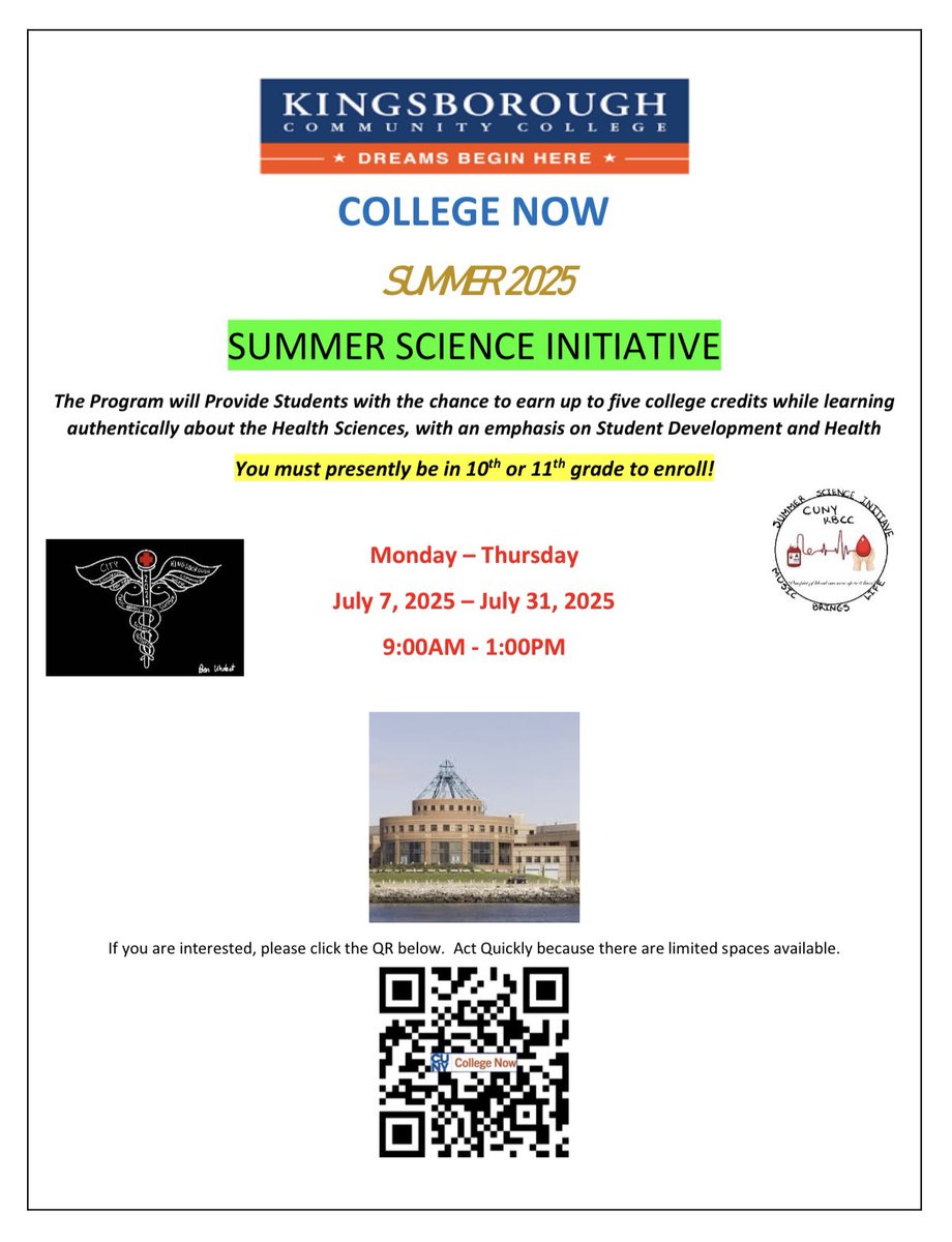 KBCCFutureReady (@kbccfutureready) on Twitter photo Explore Health Sciences this Summer and๐ Earn up to 5 college credits.
๐งฌ Learn about health & student development.
Open to 10th & 11th graders.
๐
July 7โ31 | MonโThurs | 9AMโ1PM
๐ฒ Scan the QR to applyโspots are limited! <a href="/CUNYkcc/">CUNY Kingsborough</a> <a href="/NYCSchools/">NYC Public Schools</a> <a href="/FutureReadyNYC/">FutureReadyNYC</a> <a href="/DOEChancellor/">Chancellor Melissa Aviles-Ramos</a> Explore Health Sciences this Summer and๐ Earn up to 5 college credits.
๐งฌ Learn about health & student development.
Open to 10th & 11th graders.
๐
July 7โ31 | MonโThurs | 9AMโ1PM
๐ฒ Scan the QR to applyโspots are limited! <a href="/CUNYkcc/">CUNY Kingsborough</a> <a href="/NYCSchools/">NYC Public Schools</a> <a href="/FutureReadyNYC/">FutureReadyNYC</a> <a href="/DOEChancellor/">Chancellor Melissa Aviles-Ramos</a>