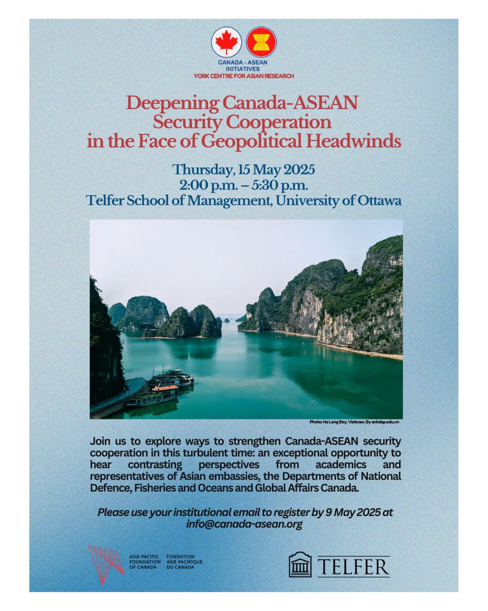 YCAR (@asia_york) on Twitter photo โ ๏ธ Reminder that our co-organized in-person symposium event in Ottawa is just a few days away! If you have not already, please register ASAPโ
Deepening CanadaโASEAN Security Cooperation in the Face of Geopolitical Headwinds
๐ Ottawa
buff.ly/oJX7gsM
<a href="/CanadaASEAN/">Canada-ASEAN</a> โ ๏ธ Reminder that our co-organized in-person symposium event in Ottawa is just a few days away! If you have not already, please register ASAPโ
Deepening CanadaโASEAN Security Cooperation in the Face of Geopolitical Headwinds
๐ Ottawa
buff.ly/oJX7gsM
<a href="/CanadaASEAN/">Canada-ASEAN</a>