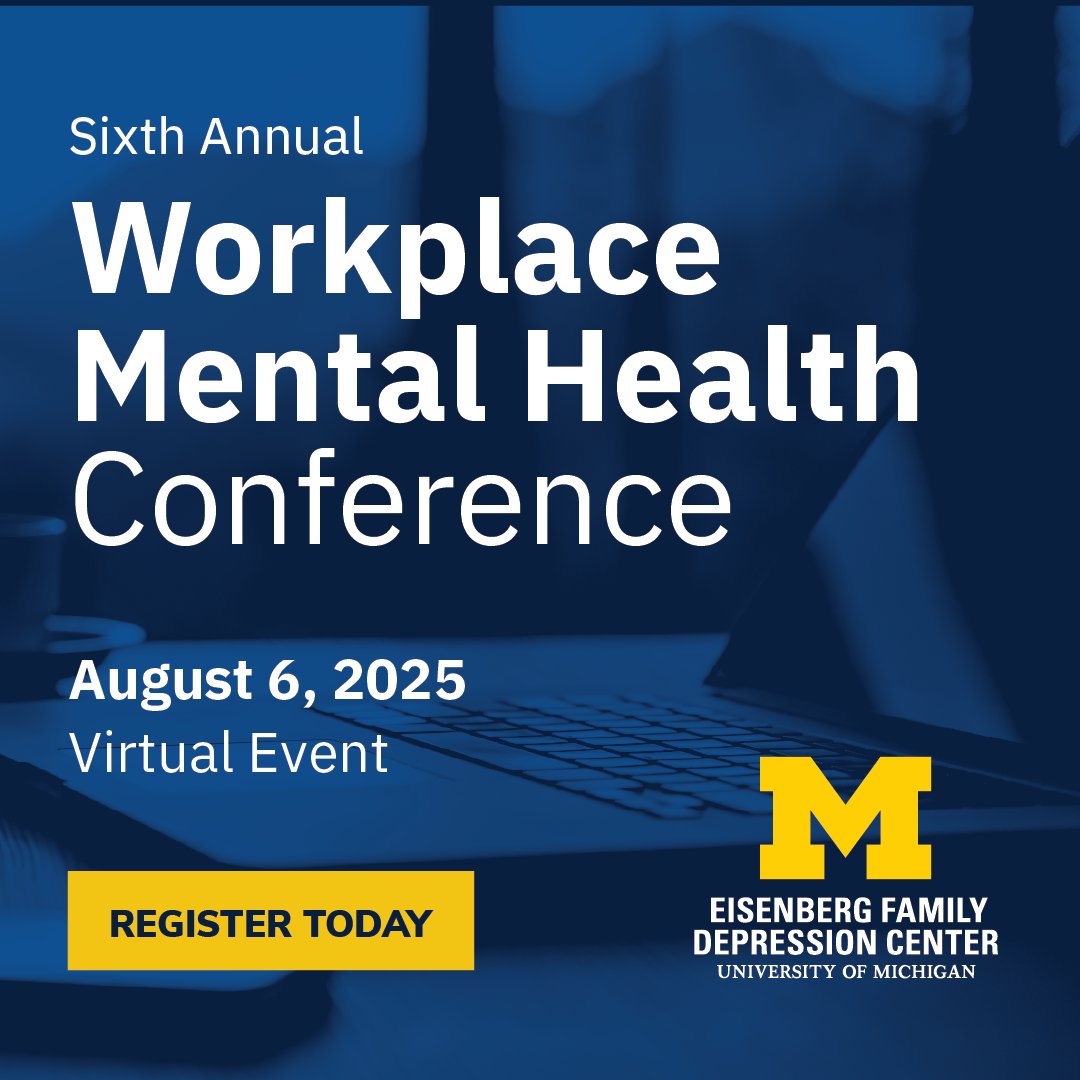 Join @depressioncntr for the sixth annual #umichWMHC, returning August 6. Hear from speakers across sectors who have real-world solutions to support employee mental health. Register or learn more: 

depressioncenter.org/wmhc