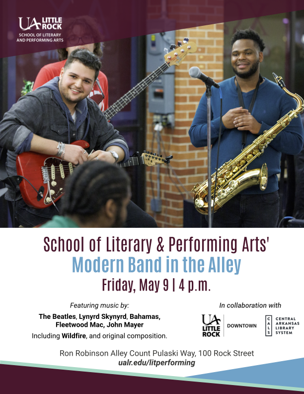 Another night of music in the alley with UA Little Rock!🎶

Come hang out with us on Friday, May 9 at 4 pm as we listen to the UA Little Rock Modern Band as they perform music in the Ron Robinson Alley! 
Thanks to UA Little Rock Music and CALS for partnering to make this happen!