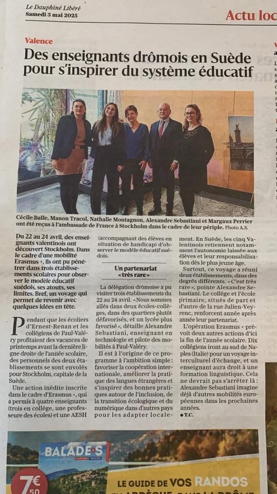 Dans le cadre d’un projet Erasmus+, une délégation du collège Paul Valéry s’est rendue à Stockholm du 22 au 24 avril pour découvrir le système éducatif suédois. Au programme inclusion, transition numérique et écologique.
Merci à <a href="/acgrenoble/">Académie de Grenoble</a> et @Drareic_AuRA pour leur soutien !