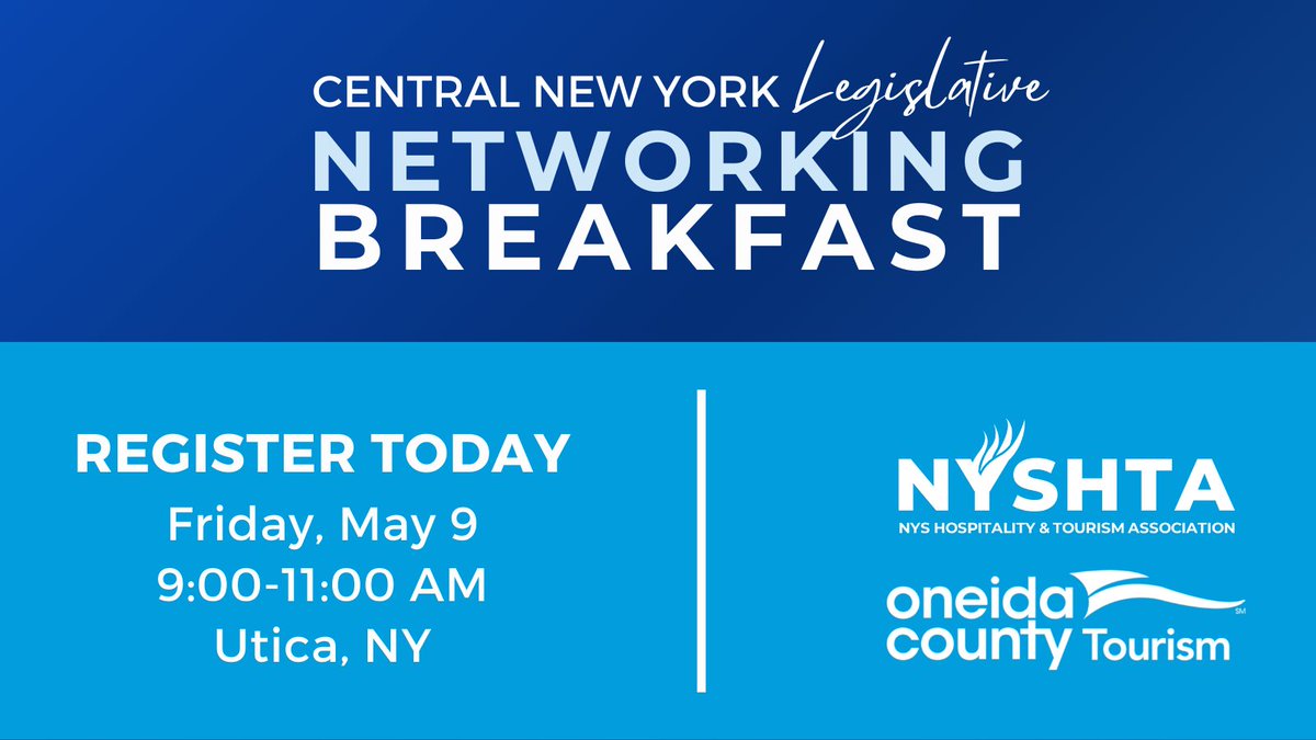 Don’t miss the Central NY Breakfast on Friday, May 9 from 9-11 AM in Utica! Join hospitality &amp; tourism professionals for a morning of networking and direct conversations with local and state officials about key issues impacting our industry.

Register: web.nyshta.org/atlas/events/1…