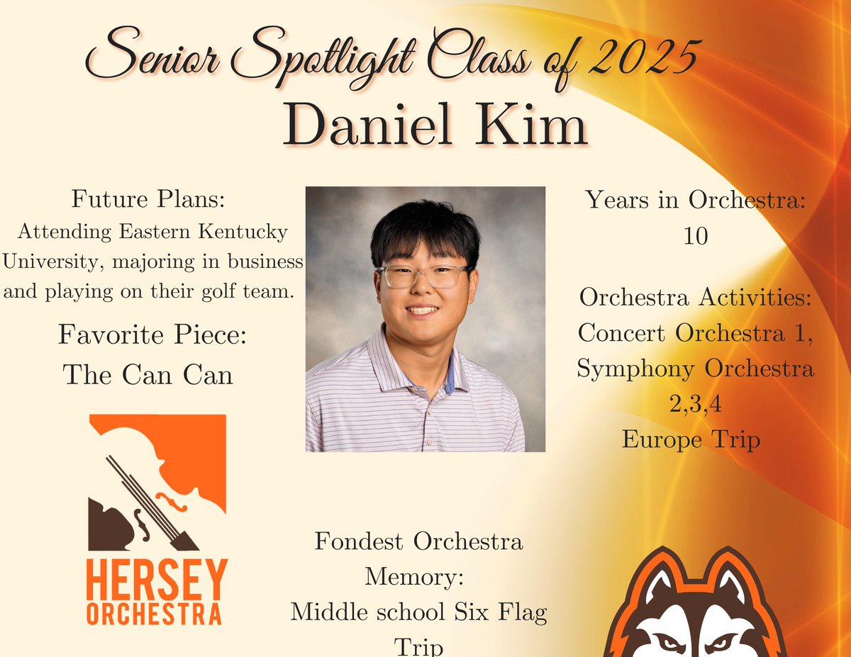 Congratulations to our next 2025 Senior Spotlight: Daniel Kim! We are so proud of your commitment to our Symphony and Europe orchestras. Have fun playing golf!