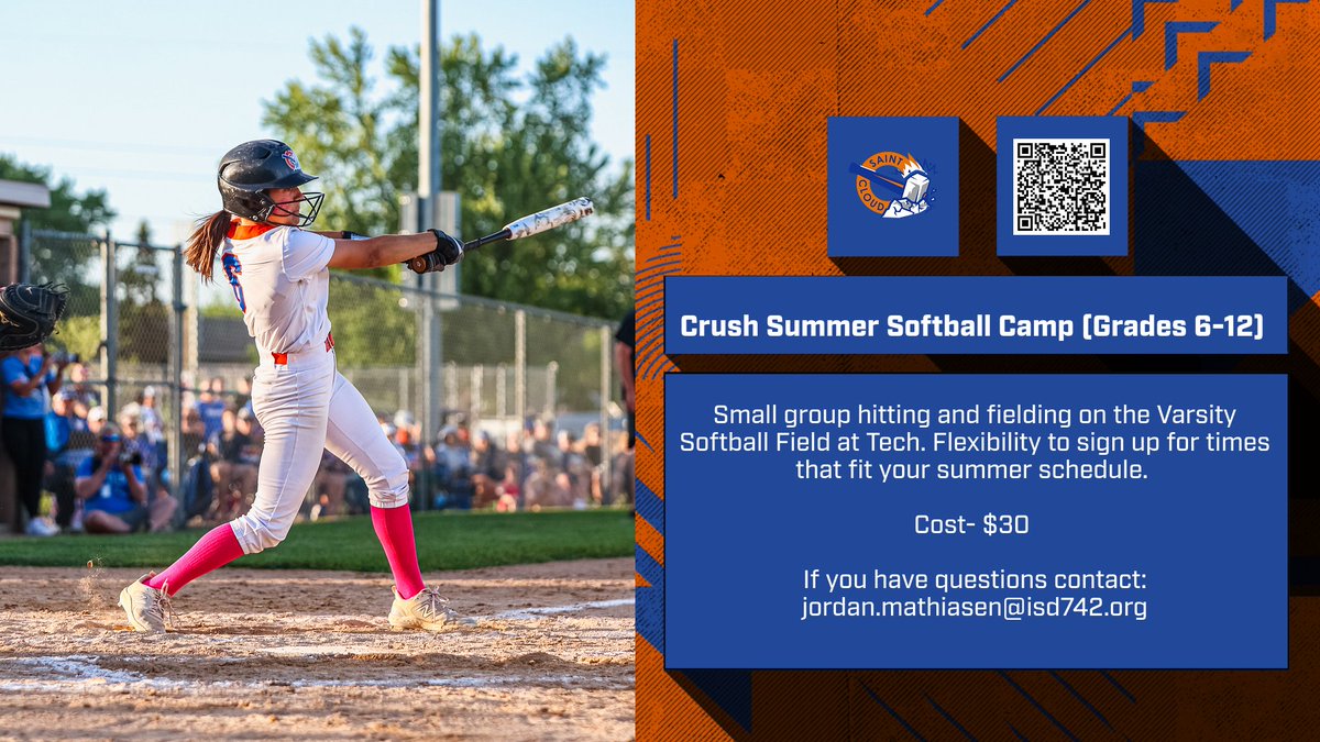 St. Cloud Crush Softball (@stcloudsoftball) on Twitter photo 🥎🔵🟠Make this summer count with the Crush Summer Softball Camp for Grades 6-12! Improve your skills at the Varsity Softball Field. Flexible times. Questions? Email jordan.mathiasen@isd742.org #CrushSoftball @isd742 @stc_apolload @waiteparkbaberuth 🥎🔵🟠Make this summer count with the Crush Summer Softball Camp for Grades 6-12! Improve your skills at the Varsity Softball Field. Flexible times. Questions? Email jordan.mathiasen@isd742.org #CrushSoftball @isd742 @stc_apolload @waiteparkbaberuth