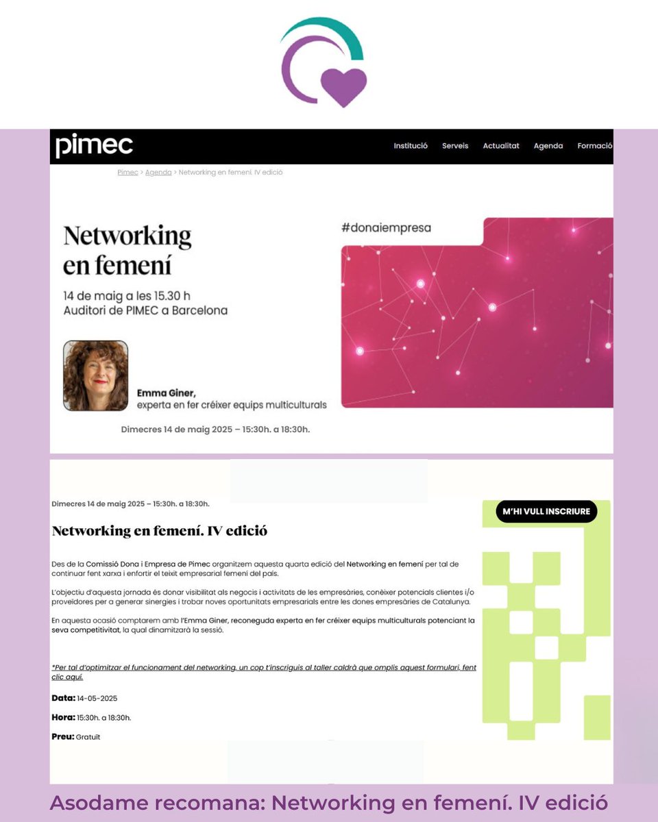 👋 14/5 Des d'#Asodame recomanem: "IV edició Networking en femení" 15:30h organitzat per la Comissió Dona i Empresa <a href="/Pimec/">Pimec</a> Recorda que per ser sòcia comptes amb molt avantatges! Preu: Gratuït Ubicació: Auditori de Pimec  C/ de Viladomat, 174, Barcelona.pimec.org/agenda/acte/n/…