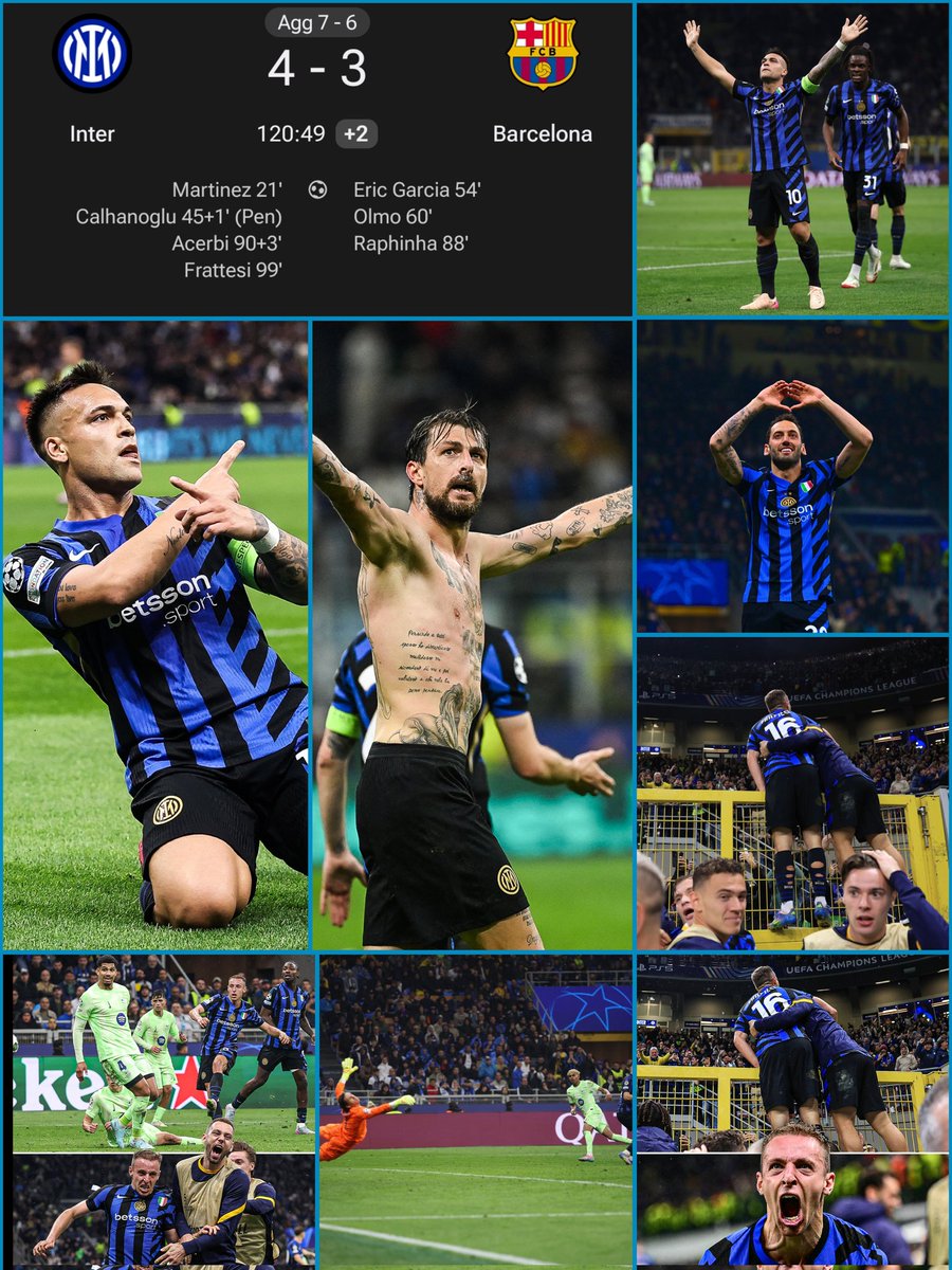 SiaranBolaLive's tweet photo. FT #UCL SEMIFINAL LEG2

INTER 4-3 BARCELONA (AGG 7-6)

⏱️ Inter 1-0 Barcelona (21')
⏱️ Inter 2-0 Barcelona (45'+1)
⏱️ Inter 2-1 Barcelona (54') 
⏱️ Inter 2-2 Barcelona (60')
⏱️ Inter 2-3 Barcelona (88')
⏱️ Inter 3-3 Barcslona (90+3')
⏱️ Inter 4-3 Barcelona (99')

GAMES OF THE SEASON!! 

INTER LOLOS FINAL
BARCELONA NO TREBLE!!