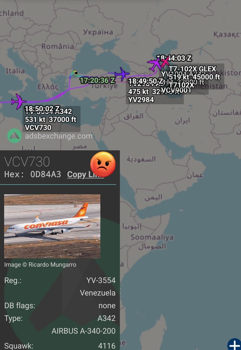 Arr3ch0's tweet image. Así van ahora las 4 aeronaves que llevan a Maduro y sus secuaces a Moscú 🇷🇺
YV2984, T7-102X y YV1004 son aeronaves de ultra lujo con todas las comodidades de cualquier avión presidencial o VVIP - unos 15 asientos c/u. YV3554 tiene 276 asientos categoría económica y 42 business.