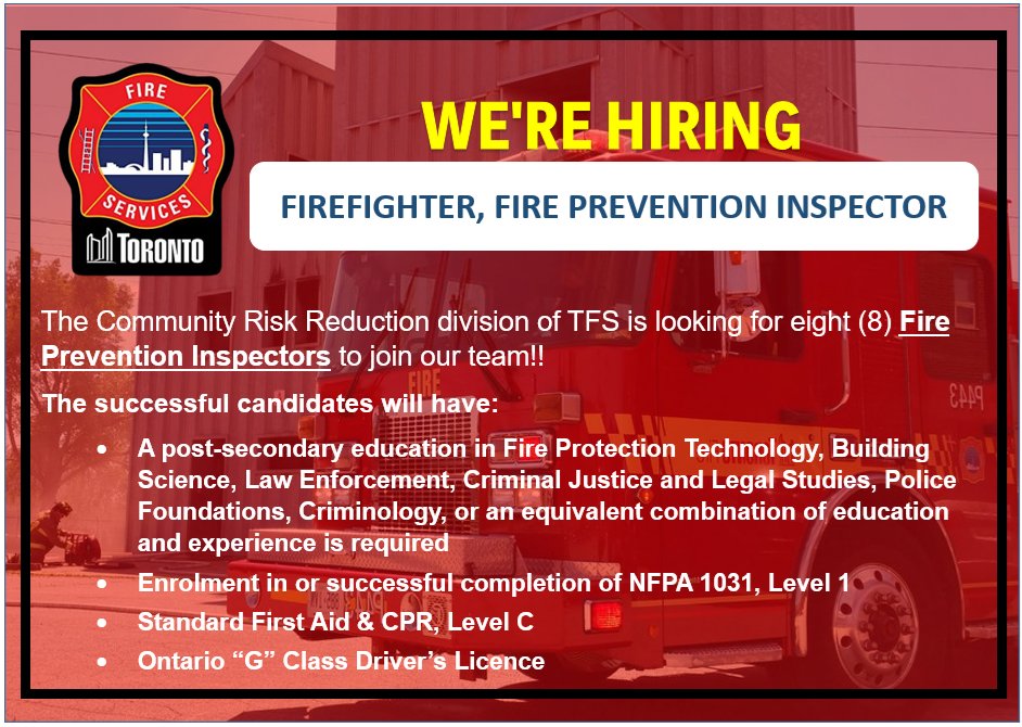 We are now hiring eight (8) Fire Prevention Inspectors to join our team. The current job posting is open until Monday June 9, 2025. To review the full position details, minimum qualifications and to apply visit:  bit.ly/42IJtqS
