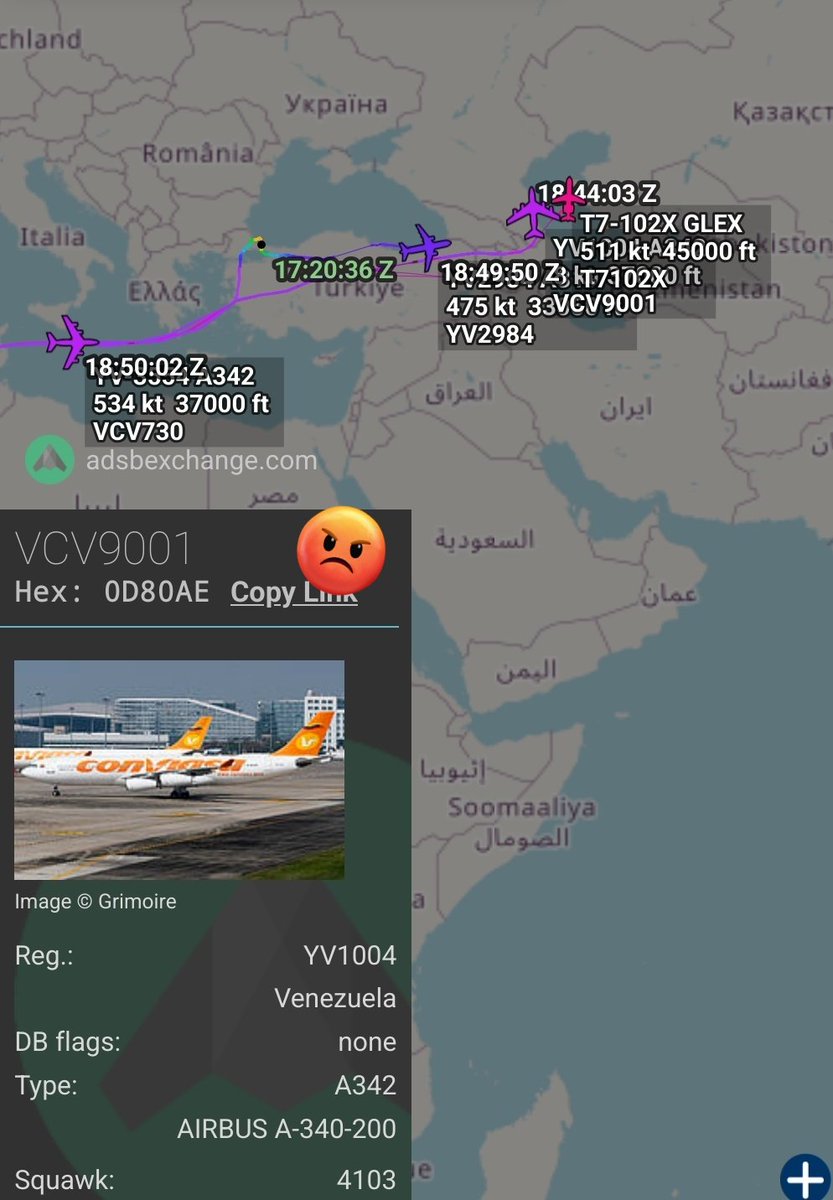 Arr3ch0's tweet image. Así van ahora las 4 aeronaves que llevan a Maduro y sus secuaces a Moscú 🇷🇺
YV2984, T7-102X y YV1004 son aeronaves de ultra lujo con todas las comodidades de cualquier avión presidencial o VVIP - unos 15 asientos c/u. YV3554 tiene 276 asientos categoría económica y 42 business.