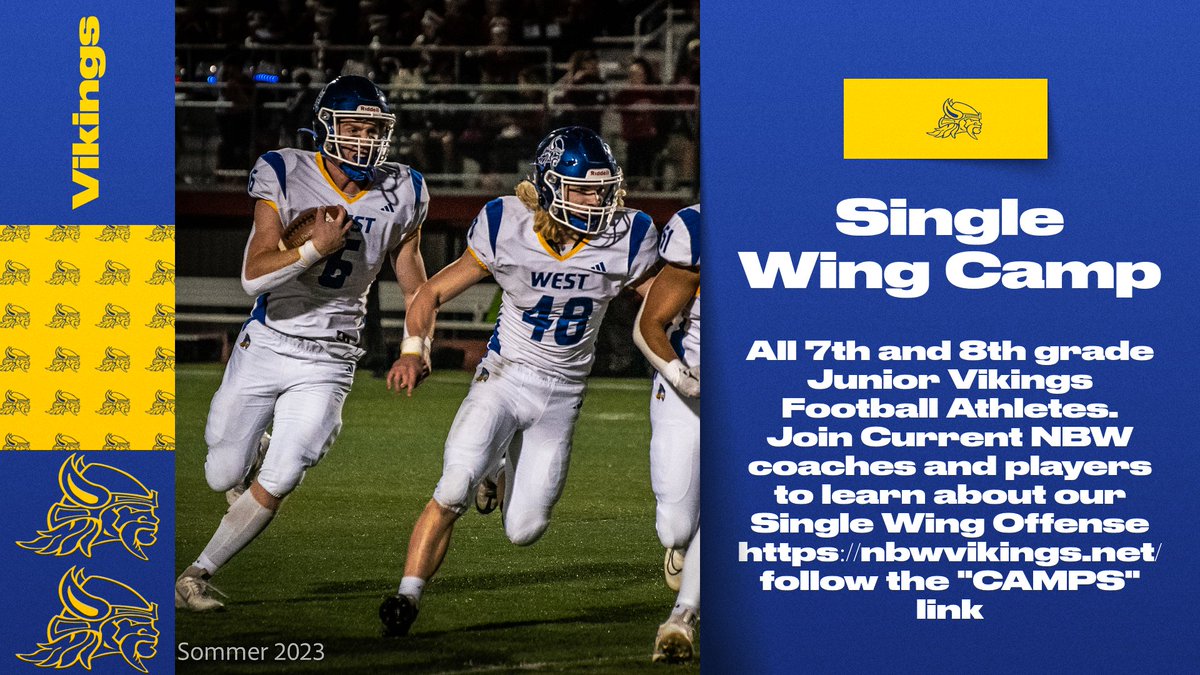 Viking Football (@nbwfootball) on Twitter photo We are hosting our annual Single Wing Camp for 7th and 8th Grade Junior Vikings.  Visit our camp page to register. We are hosting our annual Single Wing Camp for 7th and 8th Grade Junior Vikings.  Visit our camp page to register.