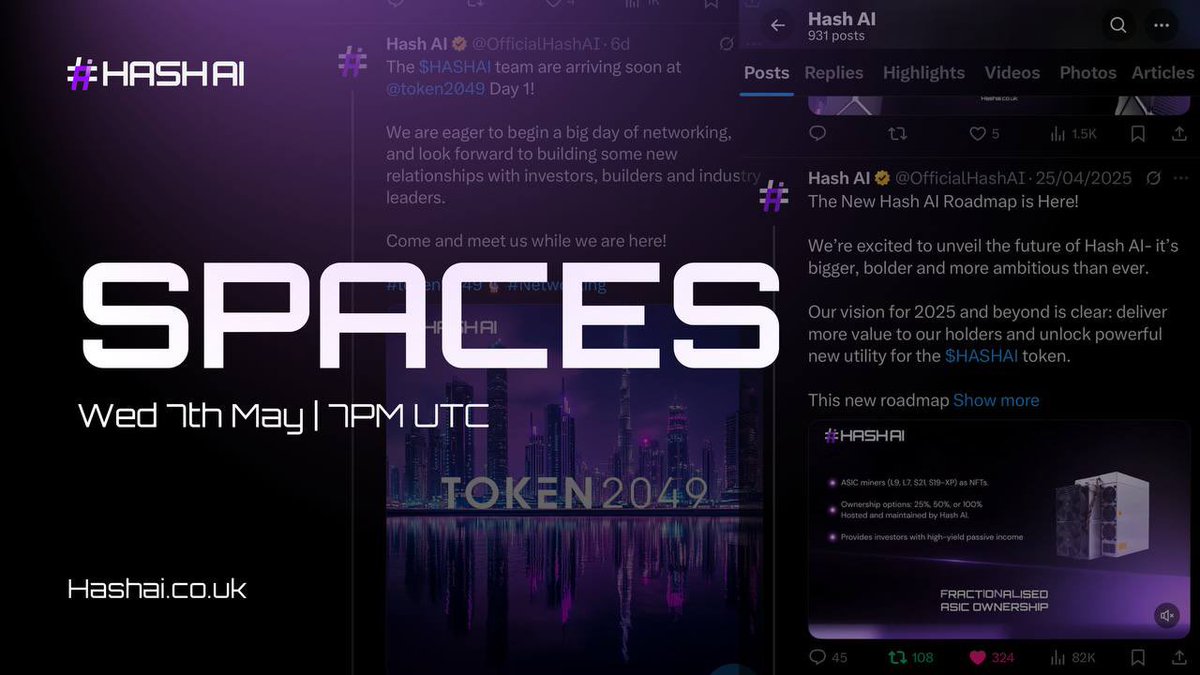 🎙️ $HASHAI Spaces Returns, Join us Tomorrow! 

🗓️ Wed 7th May | 7pm UTC 

Set a reminder 👉 x.com/i/spaces/1eaJb…

We are thrilled to share some of the latest updates for Hash AI, along with highlights from our incredible experience at <a href="/token2049/">TOKEN2049</a> Dubai!