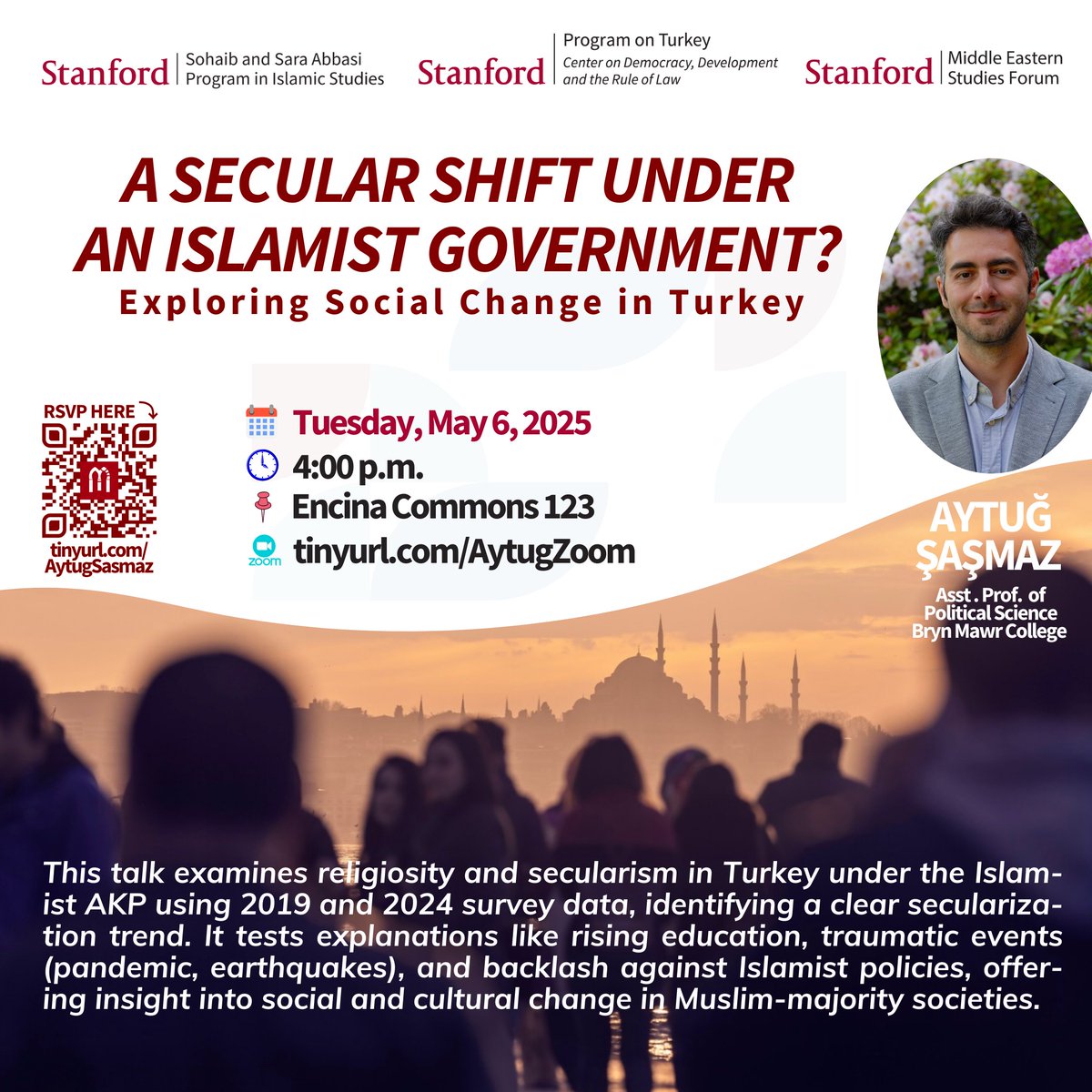 This talk explores shifts in religiosity and attitudes towards secularism in Turkey under the Islamist rule of the AKP. Using two waves of original household surveys conducted in the same districts and neighborhoods in 2019 and 2024, and employing pseudo-panel techniques, it