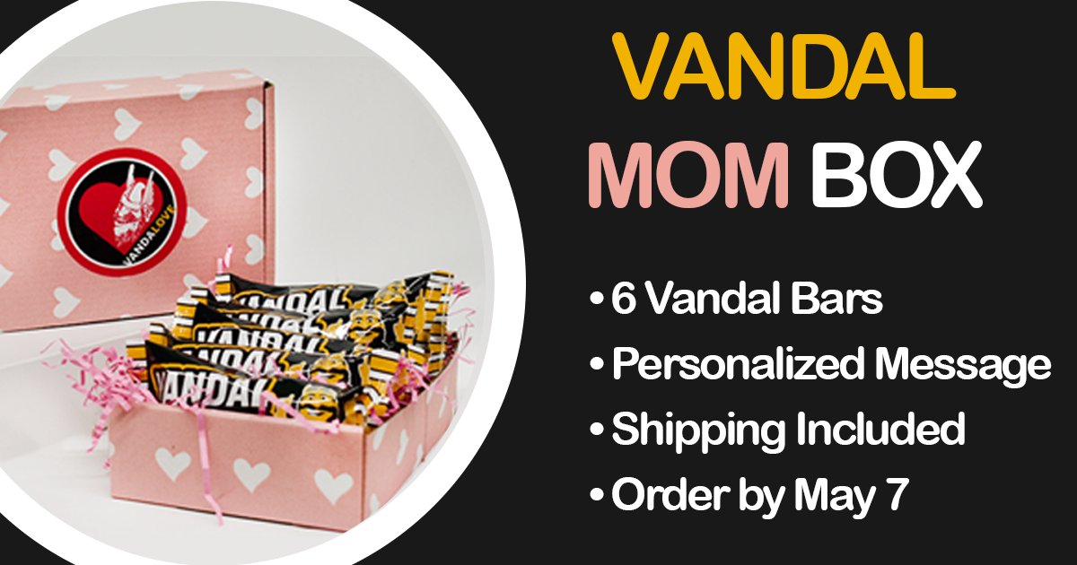 Order the Vandal Mom Box - complete with 6 delicious Vandal bars, a personalized message, and shipping included in the price! Order by tomorrow, May 7 for delivery by Mother's Day: bit.ly/3DhKLMq