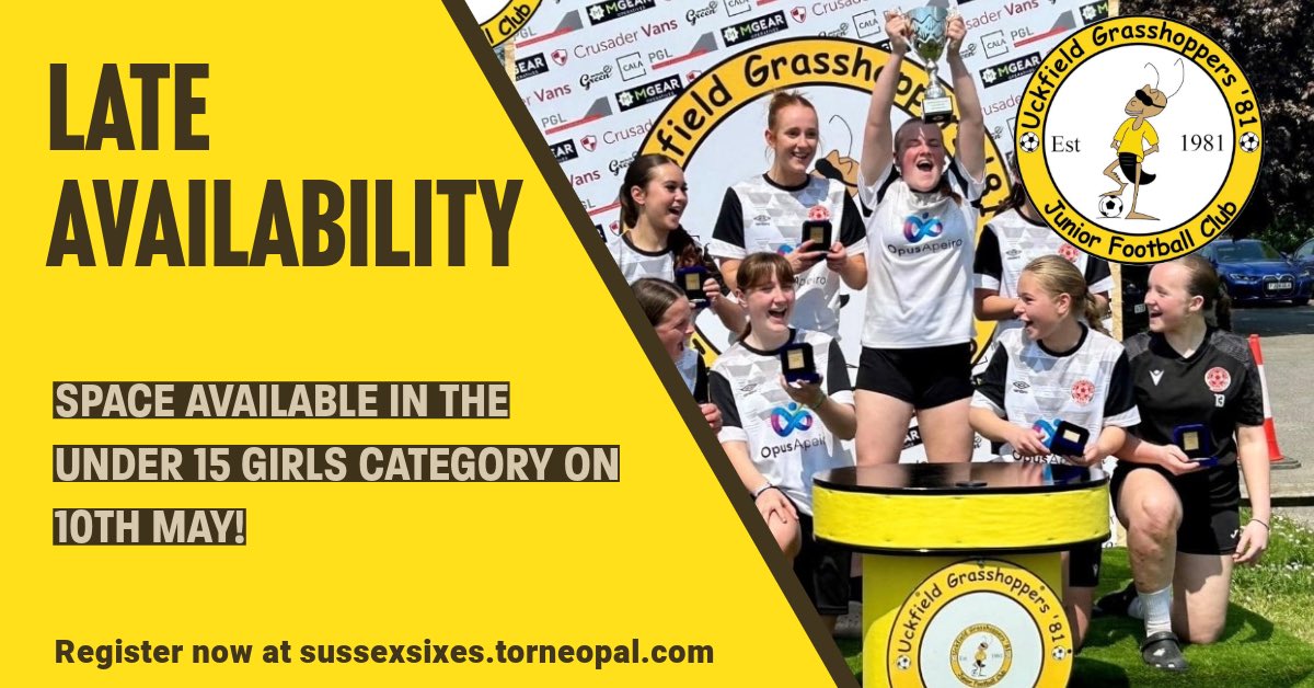Due to a last minute cancellation we have a space available in our u15 girls category this weekend (10th May) at the Sussex Sixes in Uckfield.

Visit sussexsixes.torneopal.com for more information. 

#girlsfootball #grassrootsfootball #grassrootstournaments.