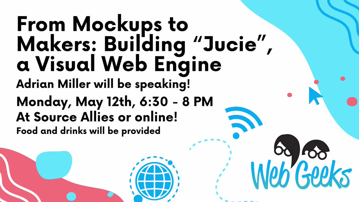 At DSM Web Geeks on 5/12, Adrian Miller shares Jucie—a visual web engine that turns mockups into real apps, no handoff needed. Dive into its design, architecture, &amp; vision. In person at Source Allies or live on Twitch. RSVP: bit.ly/WG-MockupsToMa…