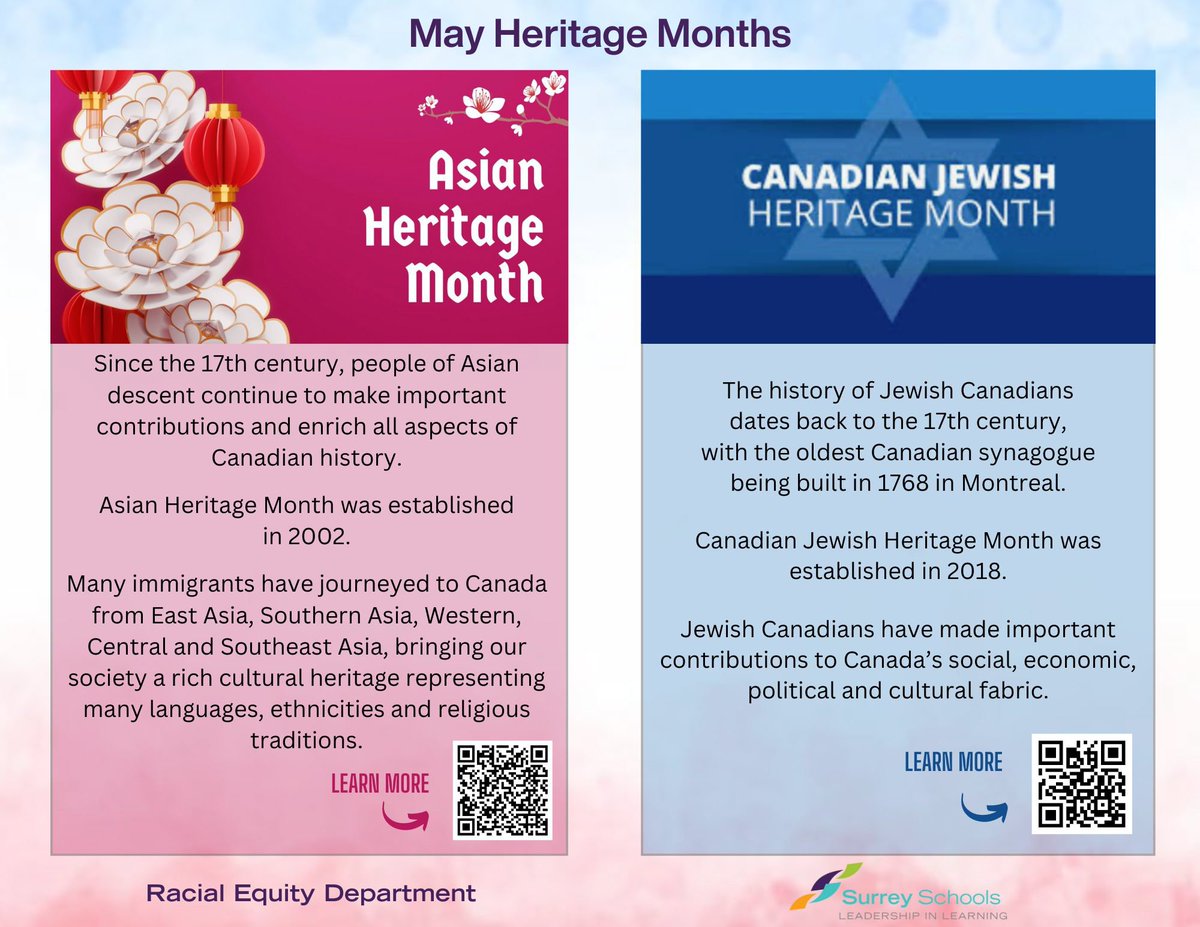 🌸 This month, we recognize the richness of diverse cultures! 🌸

Surrey Schools is proudly honouring Asian and Canadian Jewish Heritage Month, highlighting the histories and contributions of these communities.

Together, we shine brighter! ✨