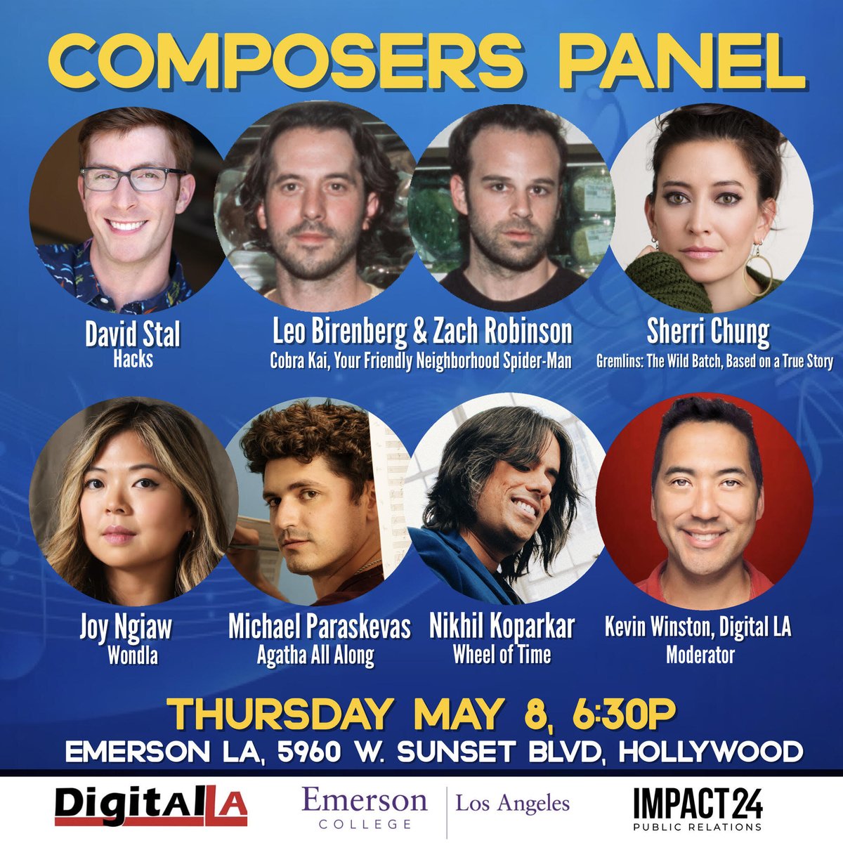 Impact24 PR (@impact24pr) on Twitter photo Join us May 8 for the Digital LA Composers Panel! Hear from <a href="/staldave/">David Stal</a>, <a href="/leobirenberg/">Leo Birenberg</a>, <a href="/zachrobinson/">Zach Robinson</a>, <a href="/Sherri_Chung/">Sherri Chung</a>, <a href="/JoyNgiaw/">Joy Ngiaw</a>, Michael Paraskevas, @nikhilkmusic, and moderator <a href="/kevinwinston/">kevinwinston</a>!
Register: lu.ma/tpze2ns8
#Composer #Panel #Music Join us May 8 for the Digital LA Composers Panel! Hear from <a href="/staldave/">David Stal</a>, <a href="/leobirenberg/">Leo Birenberg</a>, <a href="/zachrobinson/">Zach Robinson</a>, <a href="/Sherri_Chung/">Sherri Chung</a>, <a href="/JoyNgiaw/">Joy Ngiaw</a>, Michael Paraskevas, @nikhilkmusic, and moderator <a href="/kevinwinston/">kevinwinston</a>!
Register: lu.ma/tpze2ns8
#Composer #Panel #Music