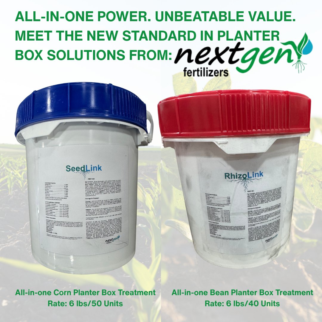 🚜 ALL-IN-ONE PERFORMANCE. UNMATCHED VALUE.
Nextgen’s game-changing planter box solutions deliver big results—no mixing, no hassle.

✔️ SeedLink (Corn) – Faster emergence, stronger roots, better NUE
✔️ RhizoLink (Beans) – Better nodulation, healthier soil, bigger yields

#PLANT25