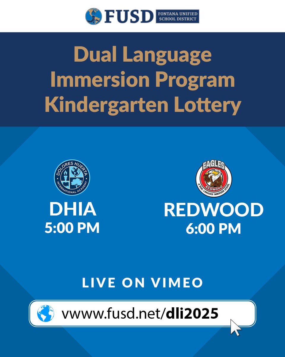 FUSD Dual Language Immersion Program Lottery for incoming Kindergarten placement will take place this evening at 5pm for Dolores Huerta International and 6pm for Redwood Elementary via Vimeo.  Tune in to our channel to view the live results.
fusd.net/dli2025