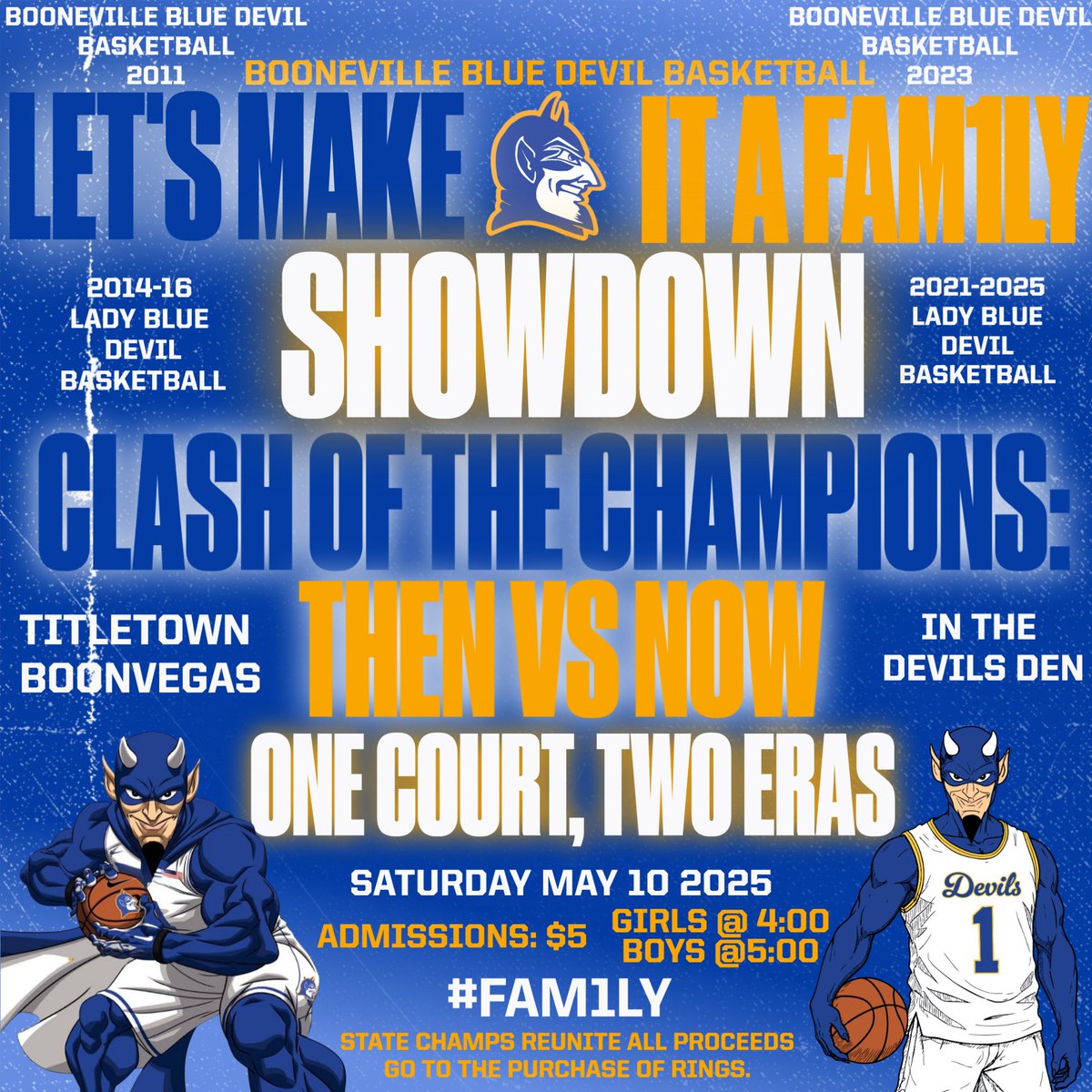 Booneville Blue Devil Basketball (@bluedevilshoops) on Twitter photo Itβs the showdown weβve all been waiting for β and now itβs even bigger!
Past Champs π vs. Todayβs Stars π in BOTH Boys & Girls Games π
One court. Two eras. All heart β€οΈβπ₯
Every ticket ποΈ helps fund their rings π
#ClashOfChampions #HoopsForTheRing #ThenVsNow #Fam1ly Itβs the showdown weβve all been waiting for β and now itβs even bigger!
Past Champs π vs. Todayβs Stars π in BOTH Boys & Girls Games π
One court. Two eras. All heart β€οΈβπ₯
Every ticket ποΈ helps fund their rings π
#ClashOfChampions #HoopsForTheRing #ThenVsNow #Fam1ly