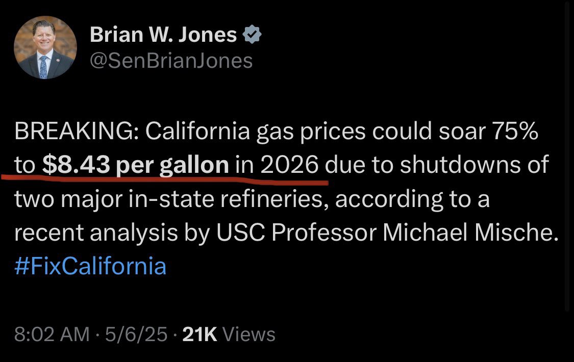 Senator Brian Dahle (@briandahleca) on Twitter photo This is what happens when you have a supermajority in power for decades pushing policies that are hostile toward the oil industry. It’s time for common sense and balance in the Legislature. This is what happens when you have a supermajority in power for decades pushing policies that are hostile toward the oil industry. It’s time for common sense and balance in the Legislature.
