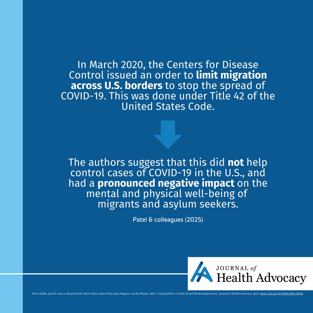 In their Opinion piece, Patel &amp; colleagues examine the negative impacts of #Title42 and other #publichealth measures on #migrants and reimagine a more just #immigration and #asylum system.

Read more from the Journal of Health Advocacy: jha.scholasticahq.com/article/134121…