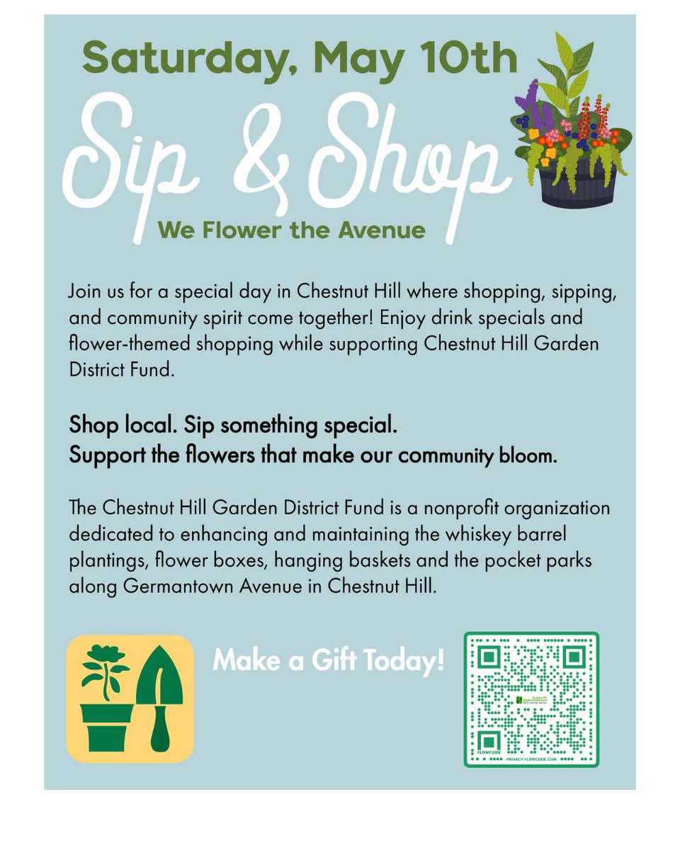 Garden State Tile (@gardenstatetile) on Twitter photo Sip & Shop in Chestnut Hill! 🌸
Join us Saturday, May 10th for a day of flower-themed shopping, drink specials, and community spirit 💐🍷
Support local businesses & the @chestnuthillpa Garden District Fund — keeping Germantown Ave blooming year-round! #SipAndShop #ChestnutHillPA Sip & Shop in Chestnut Hill! 🌸
Join us Saturday, May 10th for a day of flower-themed shopping, drink specials, and community spirit 💐🍷
Support local businesses & the @chestnuthillpa Garden District Fund — keeping Germantown Ave blooming year-round! #SipAndShop #ChestnutHillPA