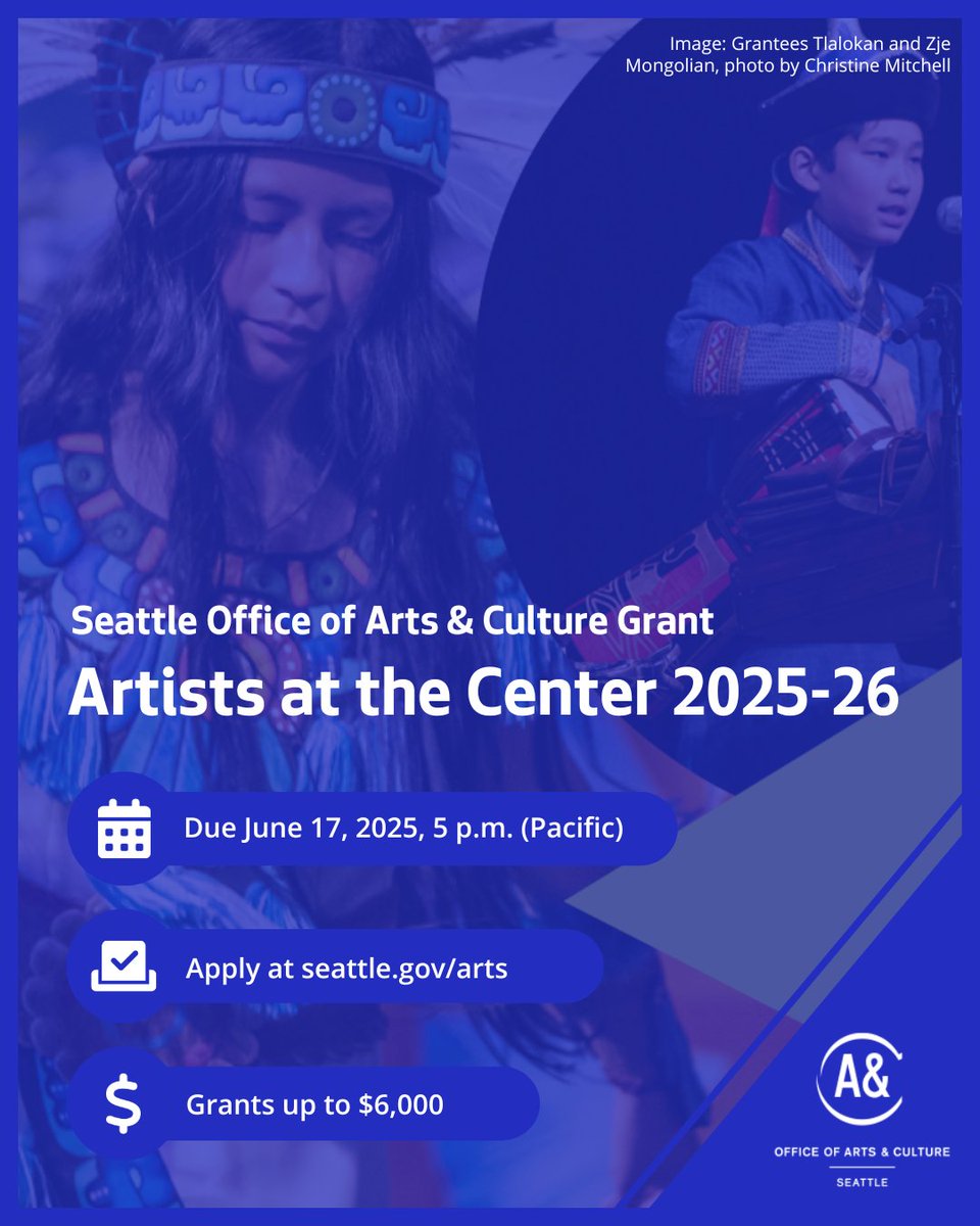 Artists at the Center applications are OPEN!

Apply now to develop and present pop-ups at Seattle Center between Nov. 2025 and Sept. 2026. Awarded participants will receive either $2,000, $4,000, or $6,000. Applications close on June 17 at 5 p.m.

Apply: seattle.gov/arts/opportuni…