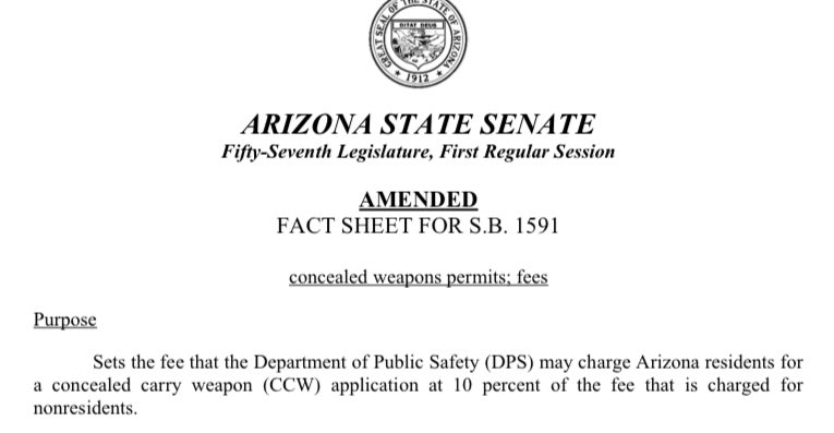 My SB 1591 passed the Arizona Senate. 

Arizonans should not have to pay for the right to keep and bear arms for their Concealed Carry Weapons (CCW) permit.