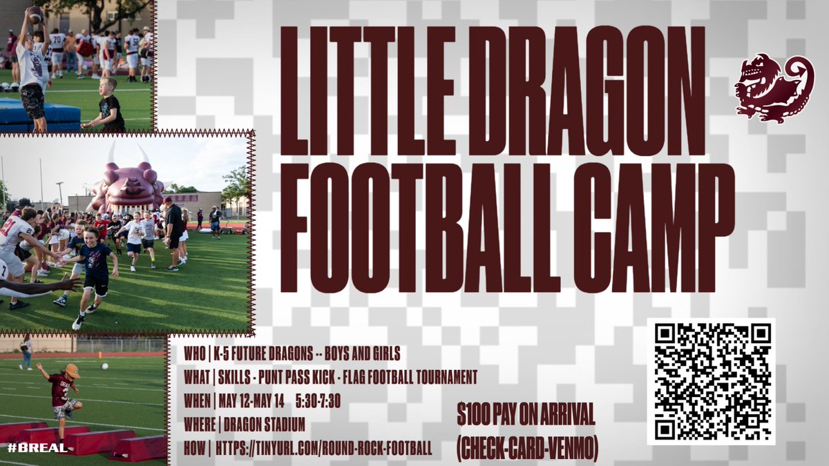Little Dragon Football Camp is less than a week away!!! Please sign up and come have a great time with our current and past Round Rock Dragons!!