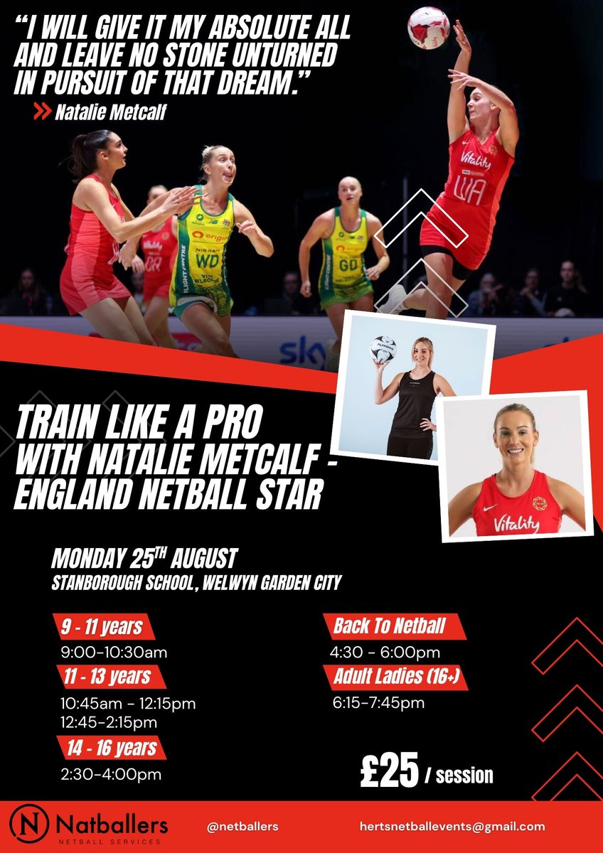 🚨EXCITING NEWS🚨

England Netball &amp; Manchester Thunder superstar Natalie Metcalf is coming to Hertfordshire!

Bookings are made on a first come first served basis via email &amp; secured when payment is made

Book now to avoid disappointment because these sessions will fill up fast!