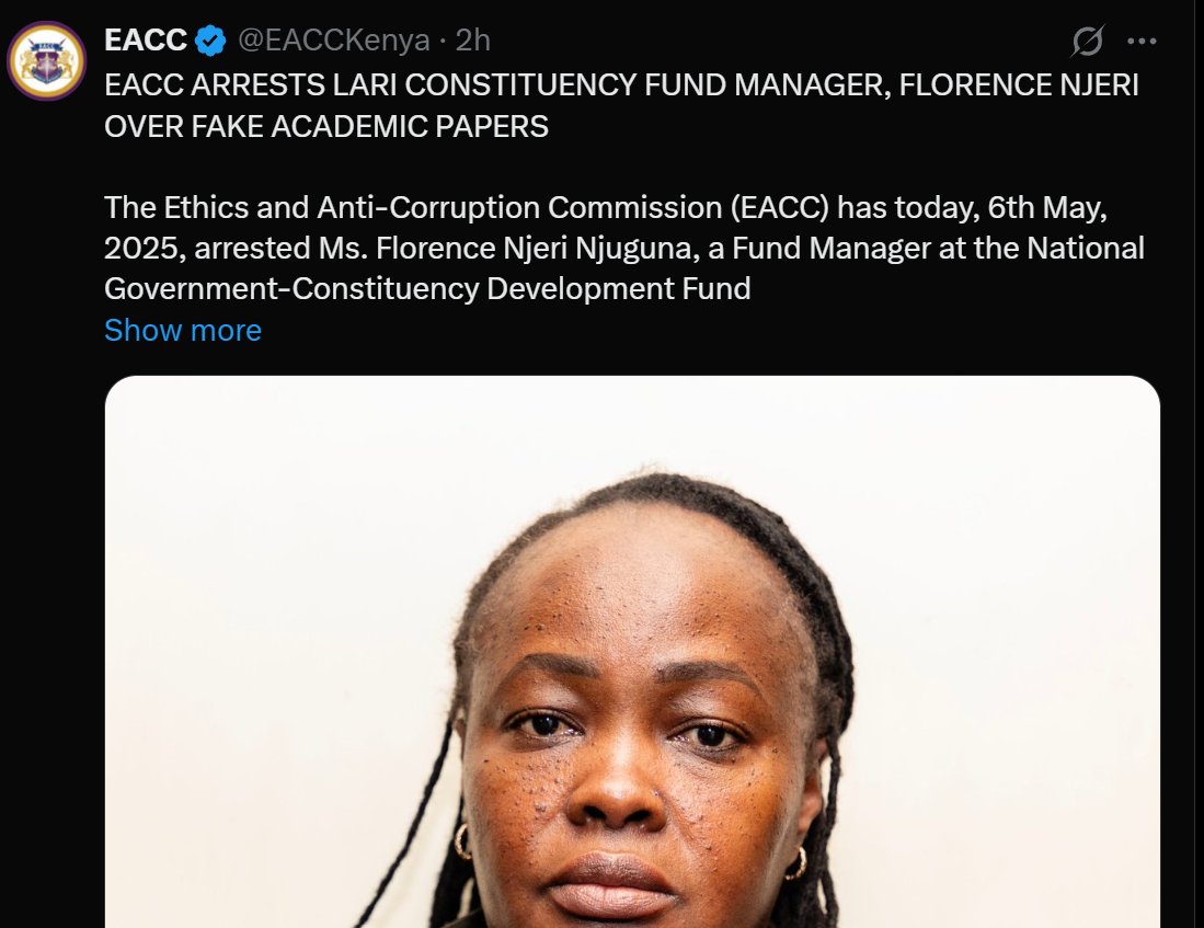 Bonnie Mwangi (@mwangibonnie) on Twitter photo The <a href="/EACCKenya/">EACC</a> has arrested a constituency fund manager from Lari over fake academic papers.
Well done, <a href="/EACCKenya/">EACC</a>.
Quick question for you, though:
<a href="/SakajaJohnson/">Sakaja Arthur Johnson</a> in <a href="/NairobiCityGov/">Nairobi City County</a> says he "attended" and "graduated" from "TEAM UNIVERSITY" - even though nobody has ever The <a href="/EACCKenya/">EACC</a> has arrested a constituency fund manager from Lari over fake academic papers.
Well done, <a href="/EACCKenya/">EACC</a>.
Quick question for you, though:
<a href="/SakajaJohnson/">Sakaja Arthur Johnson</a> in <a href="/NairobiCityGov/">Nairobi City County</a> says he "attended" and "graduated" from "TEAM UNIVERSITY" - even though nobody has ever