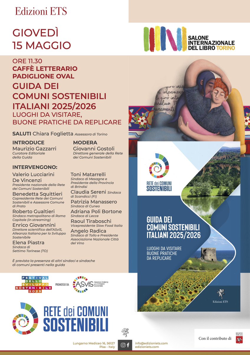 A Torino la prossima settimana presenteremo la nuova edizione della Guida dei Comuni Sostenibili nel prestigioso contesto del <a href="/SalonedelLibro/">Salone Libro Torino</a>.

L’iniziativa editoriale, annuale, è una best practice riconosciuta dall’<a href="/ASviSItalia/">ASviS</a> - Alleanza Italiana per lo Sviluppo Sostenibile e