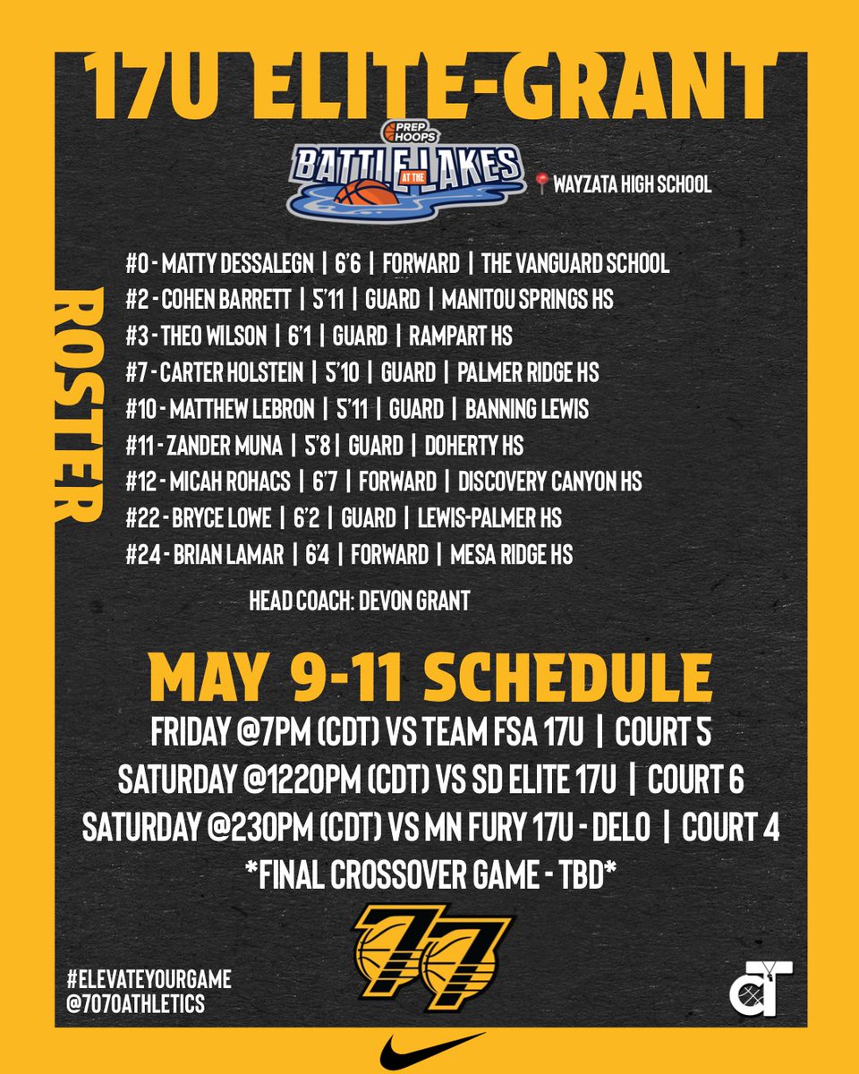 *Schedule Release* 

Team: 17U Elite - Grant 
HC: <a href="/CoachGrant10/">Coach Grant</a> 

<a href="/PHCircuit/">Prep Hoops Circuit 🏀</a> #PHBATL in Minnesota‼️

Updates throughout the weekend will be posted here and to our IG story!
 
*Schedule changes can be found on the Prep Hoops App*

#ElevateYourGame | #WeComin | #LoyalToTheSprings