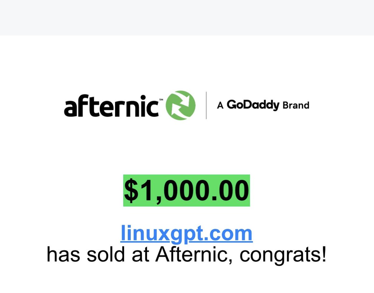 Ash_Xavier_007's tweet photo. SOLD GPT domain name
LinuxGPT .com for $1000
Congrats to the buyer for securing a great name. Swift movement from the team @afternic like always.
#Domain #DomainNames #GPT #GPTDomain https://t.co/JrhP4H75VE
