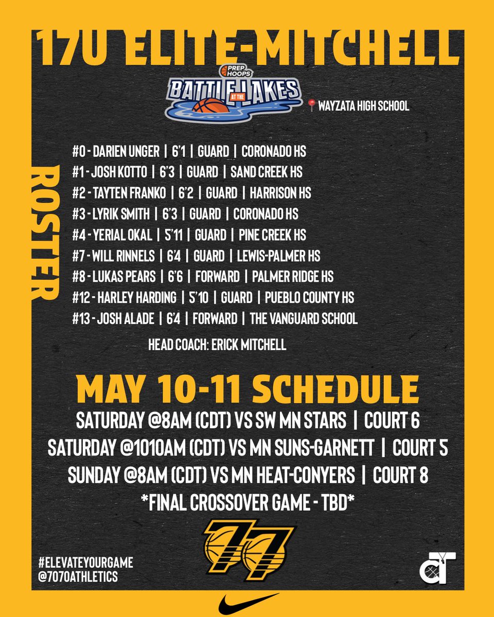 *Schedule Release* 

Team: 17U Elite - Mitchell 
HC: <a href="/CoachMitchell03/">DND</a> 

<a href="/PHCircuit/">Prep Hoops Circuit 🏀</a> #PHBATL in Minnesota‼️

Updates throughout the weekend will be posted here and to our IG story!
 
*Schedule changes can be found on the PH App*

#ElevateYourGame | #WeComin | #LoyalToTheSprings