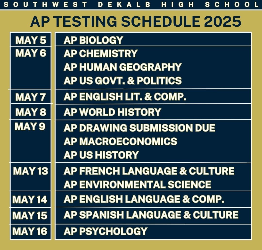 Southwest DeKalb HS (@swdpanthers) on Twitter photo Parents, Advanced Placement (AP) Testing is currently under way at SWD. We are also continuing with GA Milestone End of Course (EOC) Testing. Please ensure that your Panthers arrive punctually & prepared on testing days! #wedothework #weareSWD <a href="/DeKalbSchools/">DeKalb Schools, GA</a> Parents, Advanced Placement (AP) Testing is currently under way at SWD. We are also continuing with GA Milestone End of Course (EOC) Testing. Please ensure that your Panthers arrive punctually & prepared on testing days! #wedothework #weareSWD <a href="/DeKalbSchools/">DeKalb Schools, GA</a>