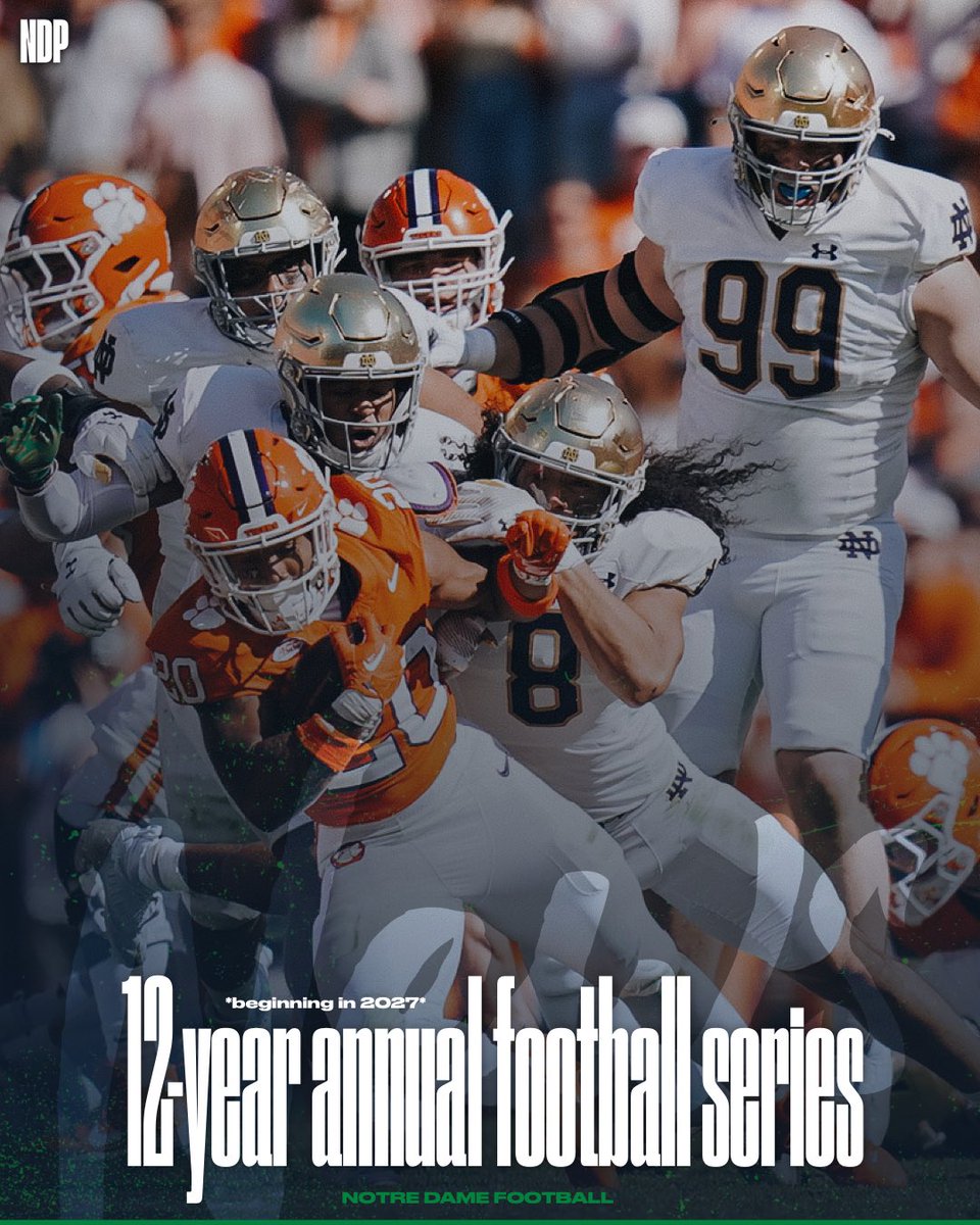 Notre Dame and Clemson have agreed to a 12-game home-and-home series. Series will go from 2027 to 2038! ☘️🐅