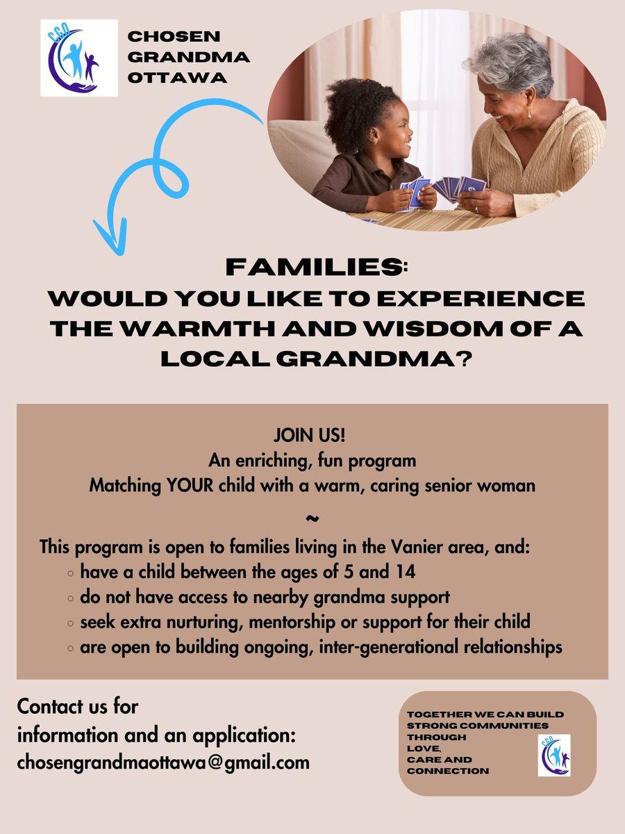👵💜 Chosen Grandma Ottawa is LIVE in Vanier
Connecting senior women (55–80) with kids (5–14) for love, support &amp; friendship
📍Vanier, Ottawa
💌 chosengrandmaottawa@gmail.com