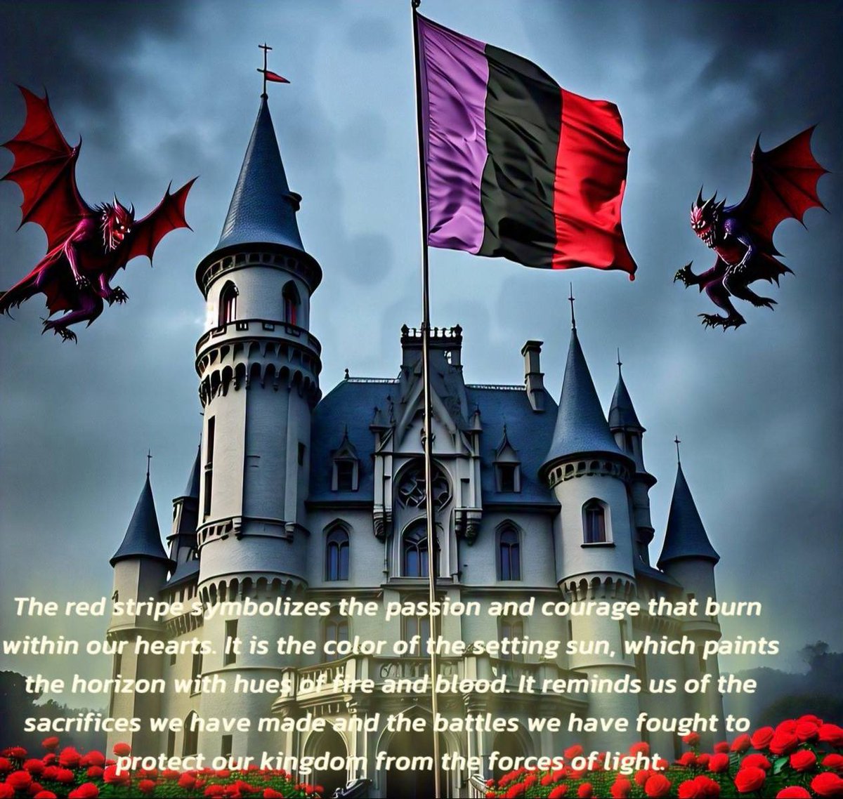VVarlockVampir's tweet photo. Hail to the people of the Eternal Kingdom of Darkness!

Our flag of purple, black, and red represents our rich history, power, and passion. Let us raise our voices and flags in unison, proclaiming our unity and strength to the world.

Long live the Eternal Kingdom of Darkness! https://t.co/0YTLFP93BF