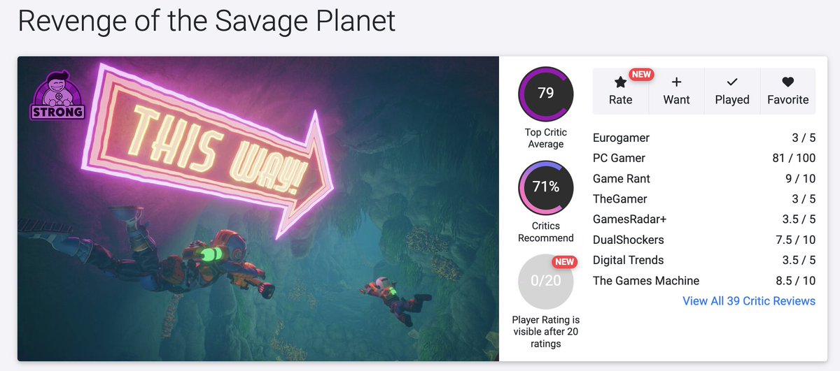 Revenge of the Savage Planet has scored a "Strong" rating on OpenCritic. 

Check out all of the reviews: opencritic.com/game/18357/rev…