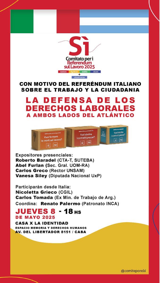 Abuelas de Plaza de Mayo (@abuelasdifusion) on Twitter photo 🗨️ Charla "La defensa de los derechos laborales a ambos lados del Atlántico"
📍Jueves 8/5, 18hs, en Casa por la Identidad del <a href="/espacio_memoria/">Espacio Memoria</a>
🇮🇹🤝🇦🇷 En el marco de la campaña del <a href="/ComitePorEl_SI/">Comité por el Sí</a> por el referéndum italiano sobre el trabajo y la ciudadanía 🗨️ Charla "La defensa de los derechos laborales a ambos lados del Atlántico"
📍Jueves 8/5, 18hs, en Casa por la Identidad del <a href="/espacio_memoria/">Espacio Memoria</a>
🇮🇹🤝🇦🇷 En el marco de la campaña del <a href="/ComitePorEl_SI/">Comité por el Sí</a> por el referéndum italiano sobre el trabajo y la ciudadanía