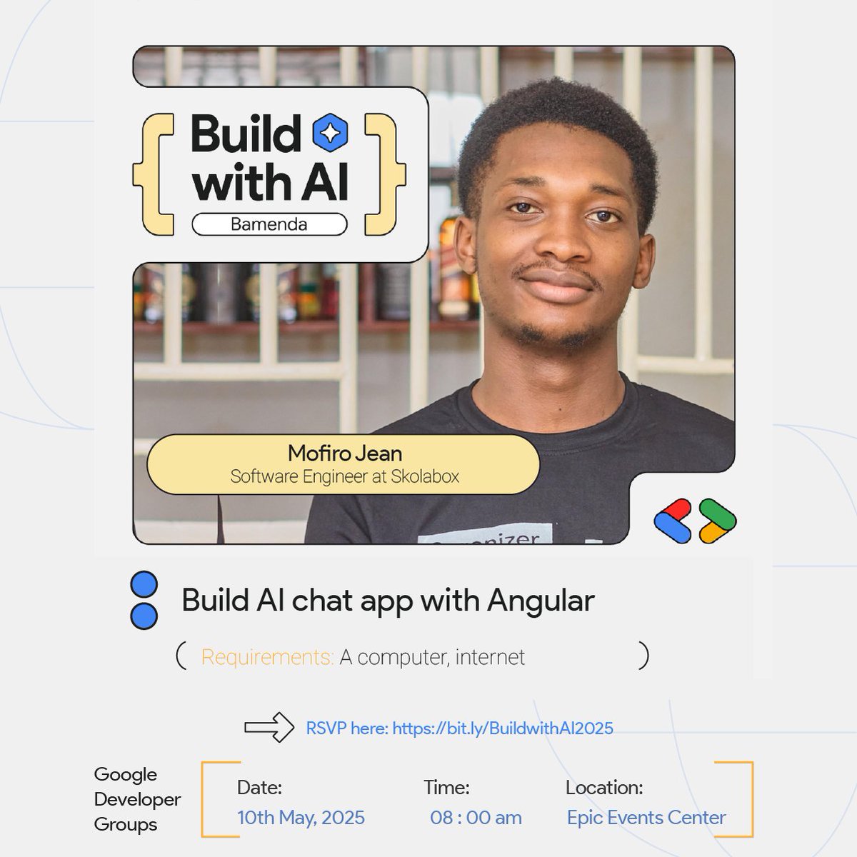 GDG Bamenda (@gdgbamenda) on Twitter photo Join <a href="/mofirojean/">Mofiro Jean</a> at  Build with AI 2025 on May 10th at Epic Events Center in Bamenda! Mofiro Jean from Skolabox will teach you how to build an AI chat app with Angular.
#BuildwithAIGDGBamenda
#BuildwithAI2025
#GDGBamenda Join <a href="/mofirojean/">Mofiro Jean</a> at  Build with AI 2025 on May 10th at Epic Events Center in Bamenda! Mofiro Jean from Skolabox will teach you how to build an AI chat app with Angular.
#BuildwithAIGDGBamenda
#BuildwithAI2025
#GDGBamenda