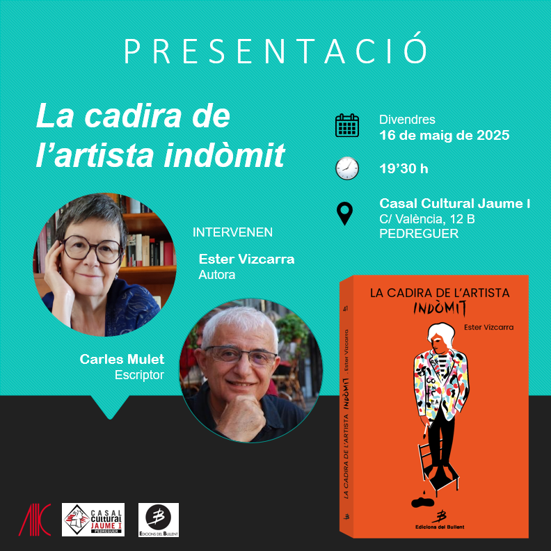 📣La propera cita de la novel·la "La cadira de l'artista indòmit" amb els lectors serà a Pedreguer. M'acompanyarà el veterà escriptor Carles Mulet, divendres 16 de maig, a les 19'30 h, al Casal Cultural Jaume I (València, 12). Parlarem de virtuts com la rebel·lia i la cabuderia😄